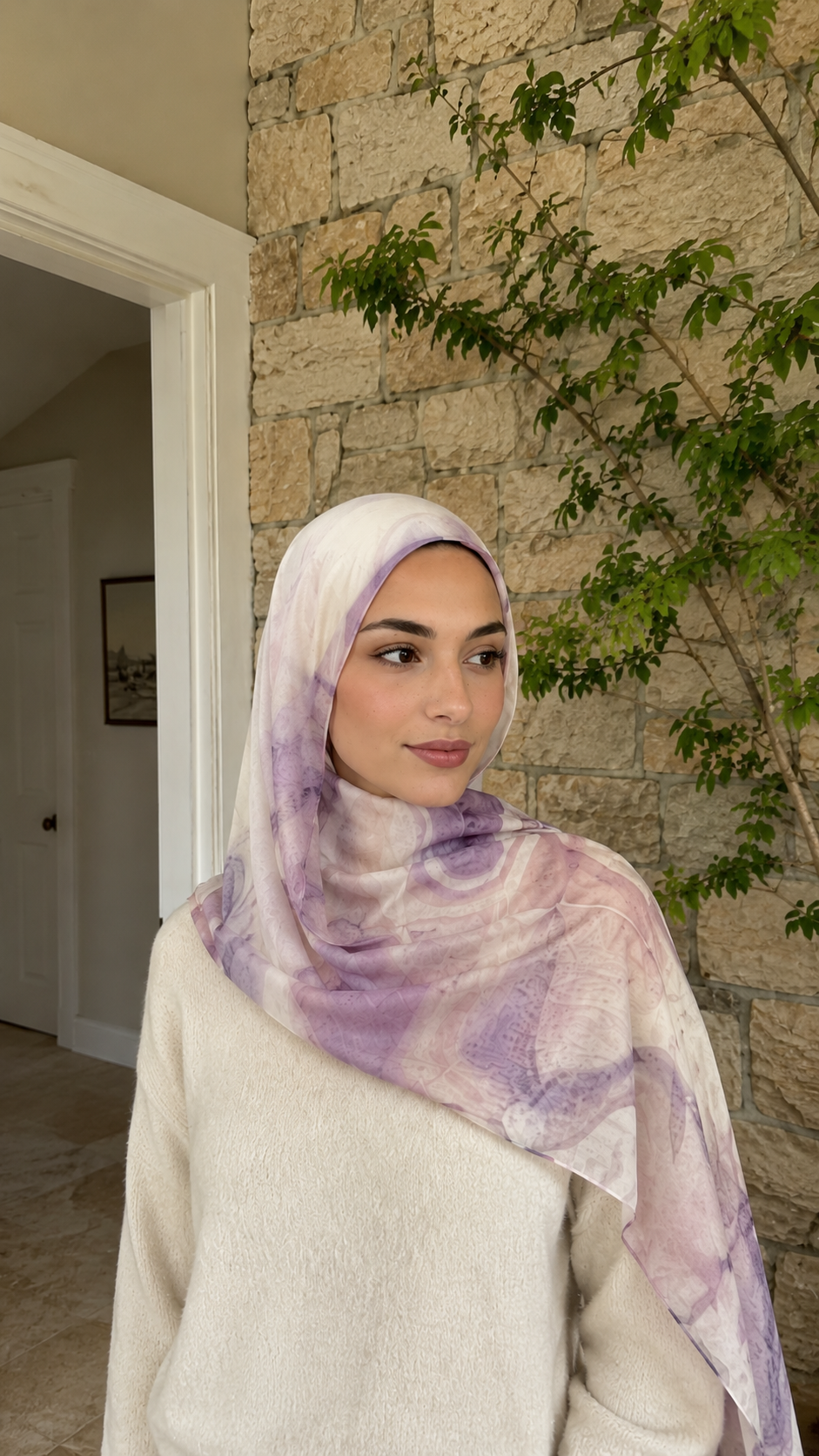 RY42 Lilac Watercolor Floral Hijab Shawl – Soft Purple Bloom Women's Head Scarf (80×180cm)