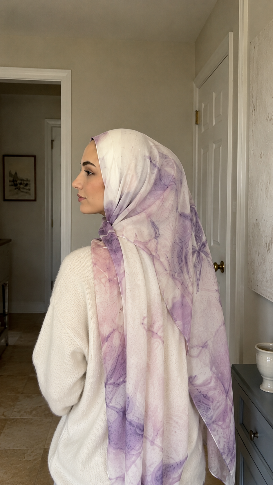 RY42 Lilac Watercolor Floral Hijab Shawl – Soft Purple Bloom Women's Head Scarf (80×180cm)