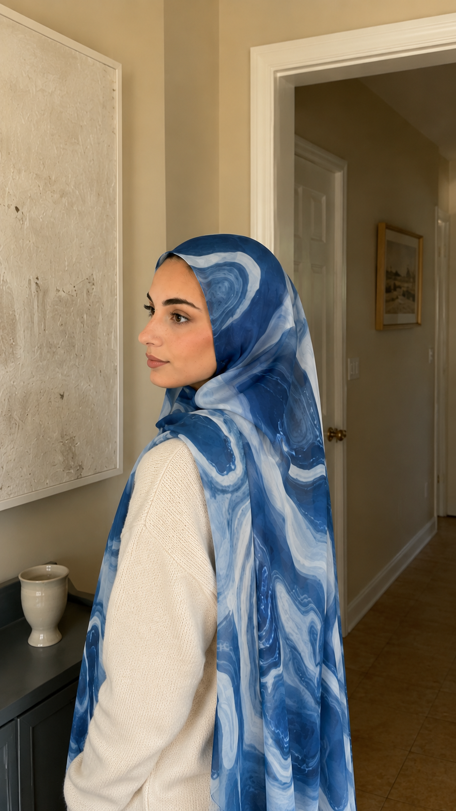 RY43 Denim Blue Marble Swirl Hijab Shawl – Ocean Wave Watercolor Women's Head Scarf (80×180cm)