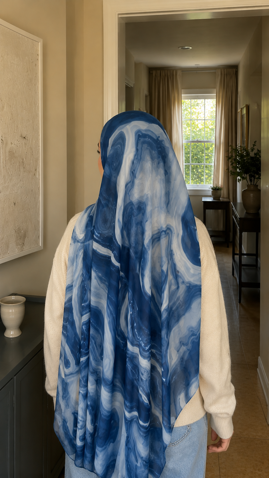 RY43 Denim Blue Marble Swirl Hijab Shawl – Ocean Wave Watercolor Women's Head Scarf (80×180cm)