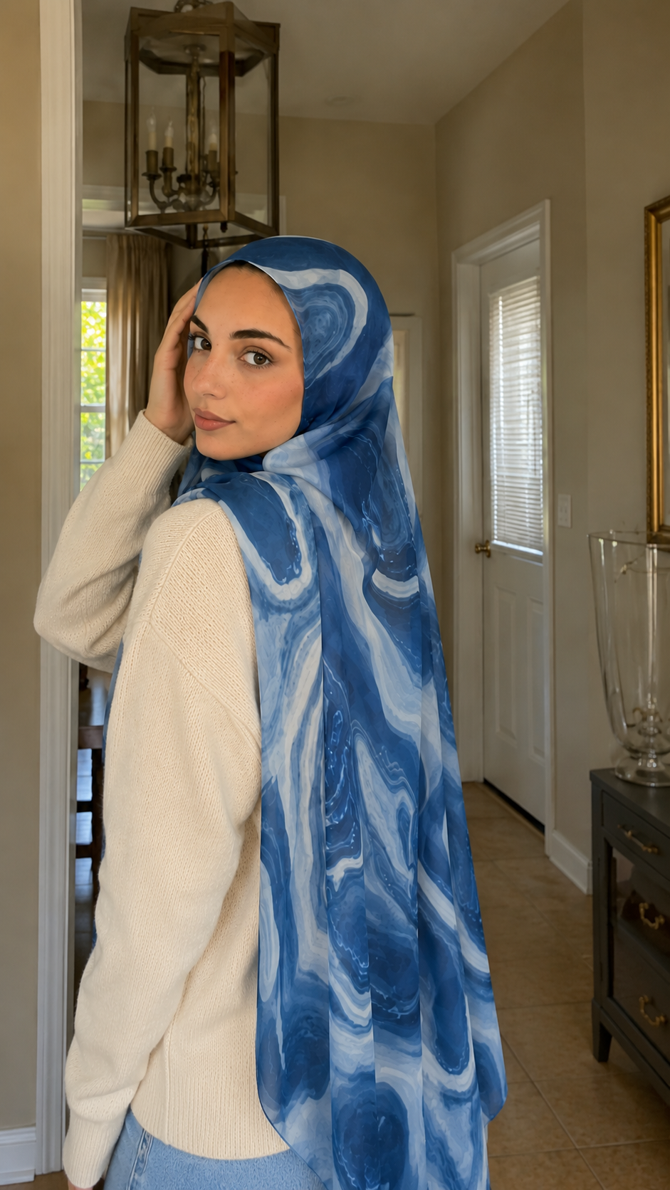 RY43 Denim Blue Marble Swirl Hijab Shawl – Ocean Wave Watercolor Women's Head Scarf (80×180cm)