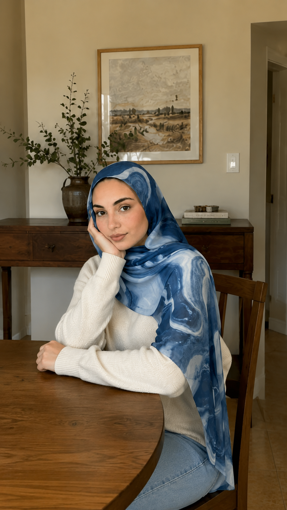 RY43 Denim Blue Marble Swirl Hijab Shawl – Ocean Wave Watercolor Women's Head Scarf (80×180cm)