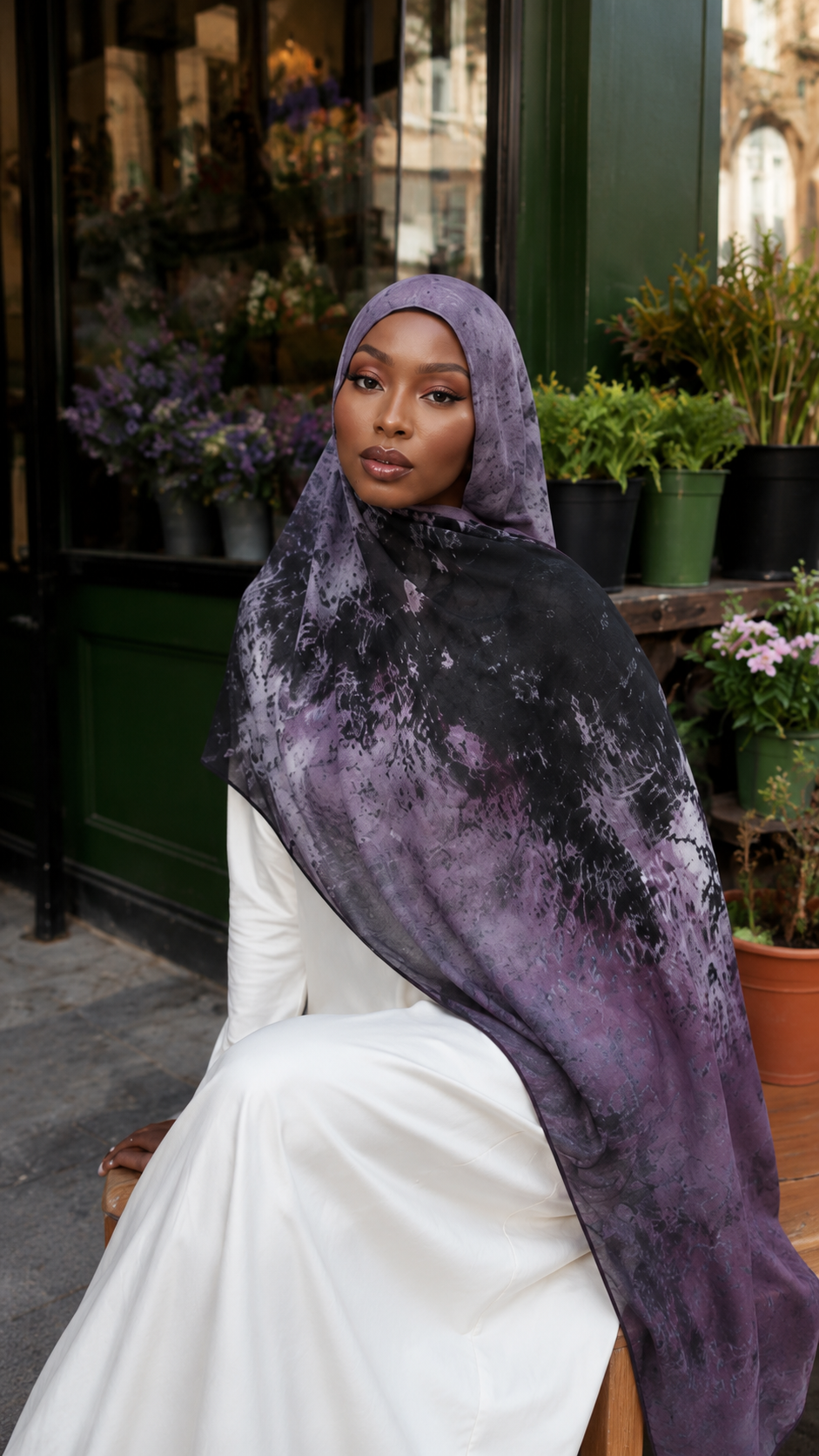 RY46 Dark Purple Black Nebula Watercolor Hijab Shawl – Galaxy Ombre Women's Head Scarf (80×180cm)