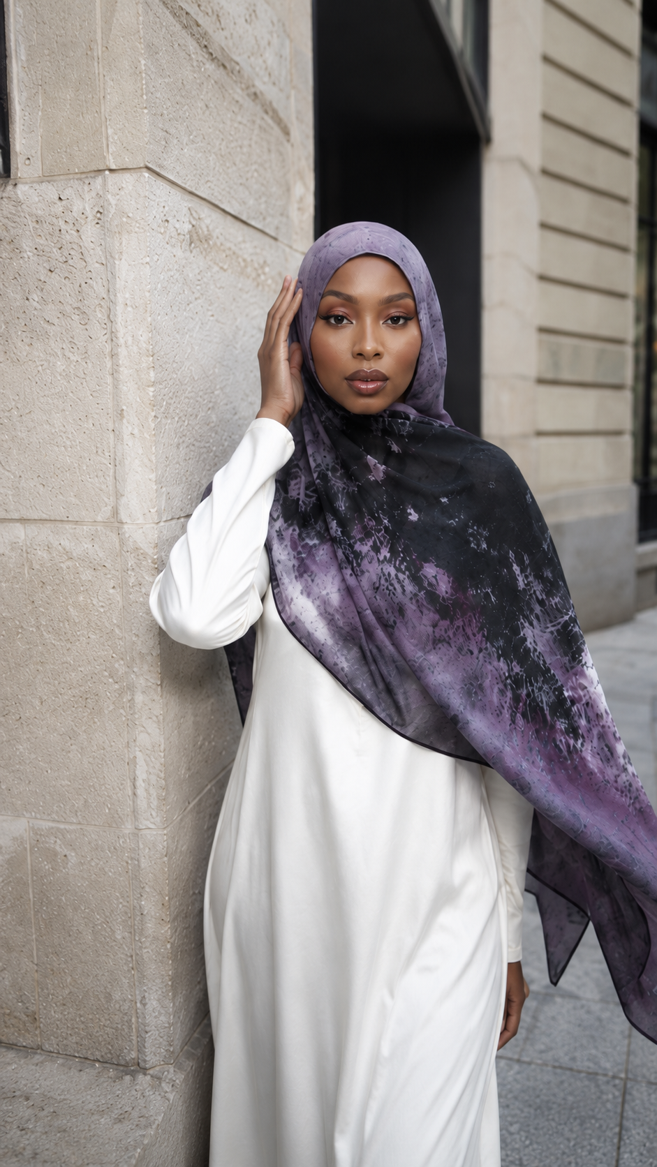 RY46 Dark Purple Black Nebula Watercolor Hijab Shawl – Galaxy Ombre Women's Head Scarf (80×180cm)