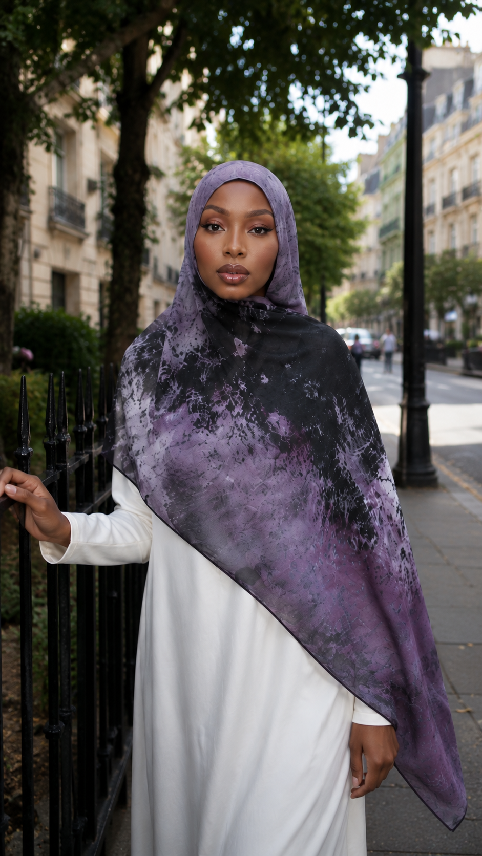 RY46 Dark Purple Black Nebula Watercolor Hijab Shawl – Galaxy Ombre Women's Head Scarf (80×180cm)