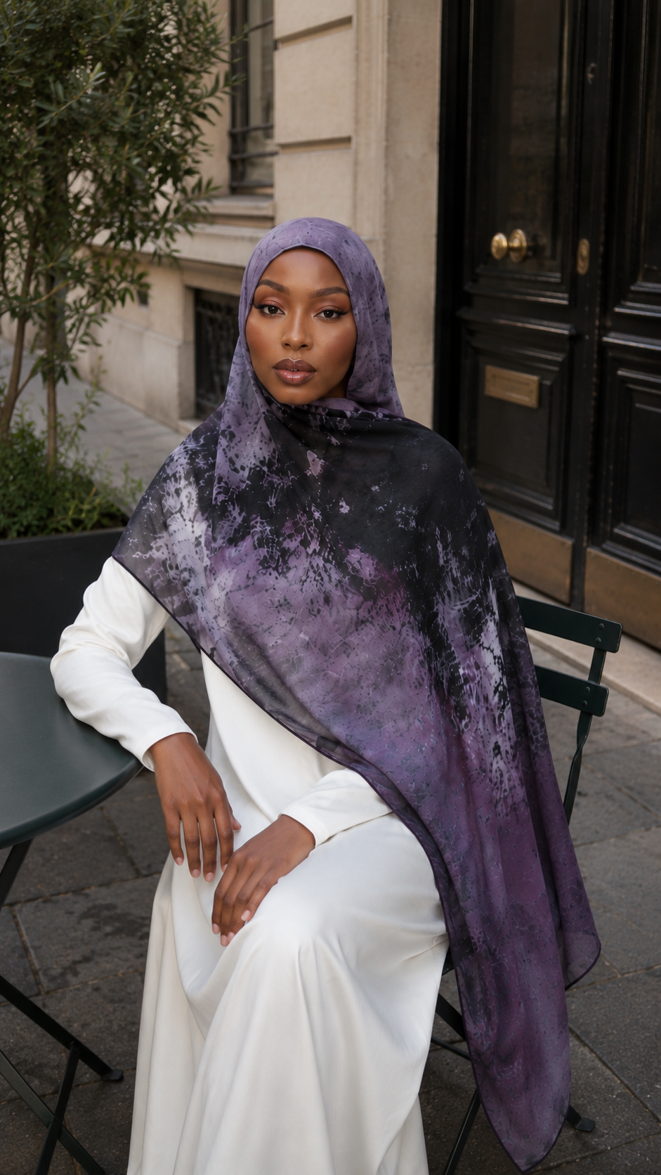 RY46 Dark Purple Black Nebula Watercolor Hijab Shawl – Galaxy Ombre Women's Head Scarf (80×180cm)