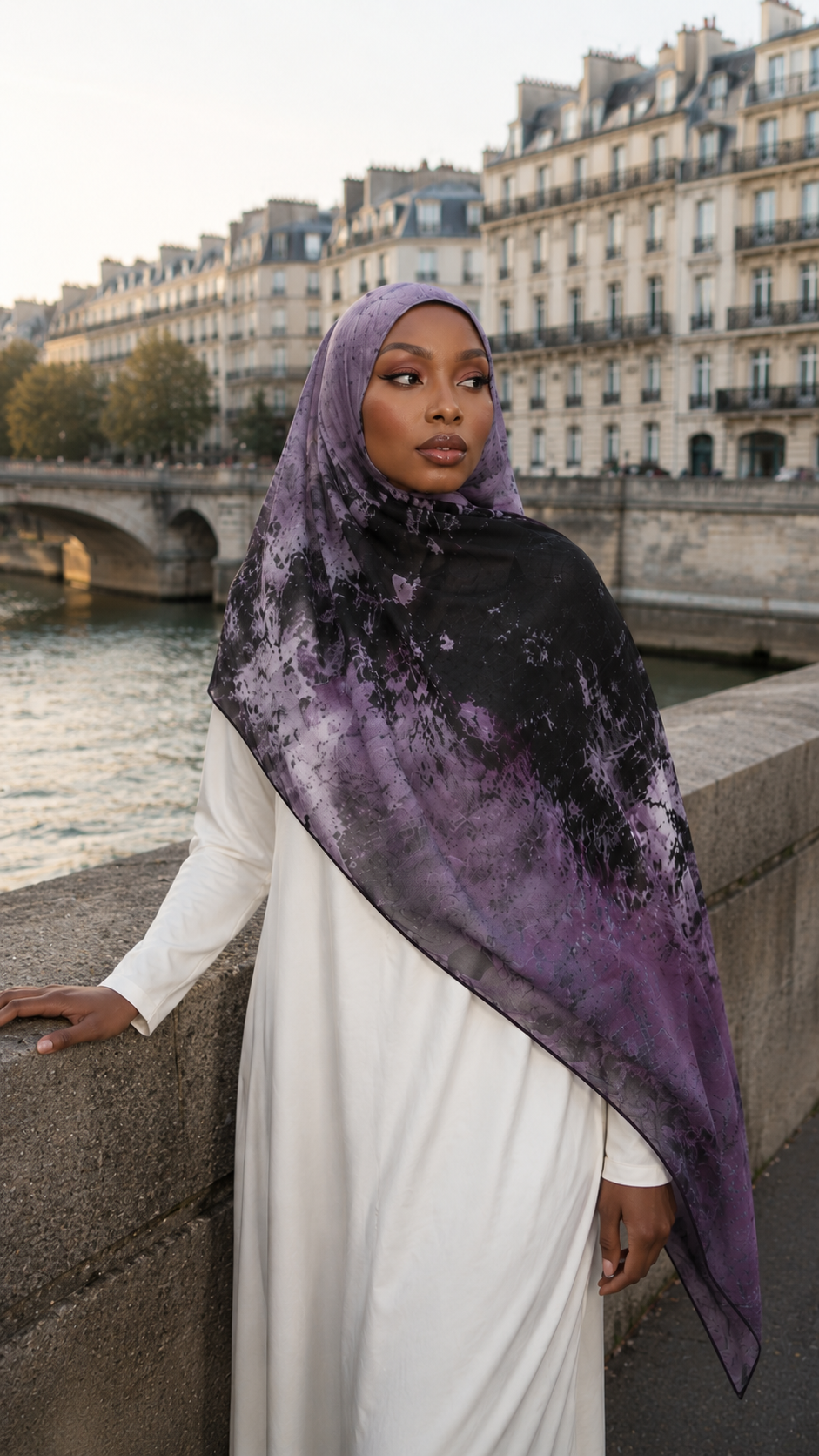 RY46 Dark Purple Black Nebula Watercolor Hijab Shawl – Galaxy Ombre Women's Head Scarf (80×180cm)
