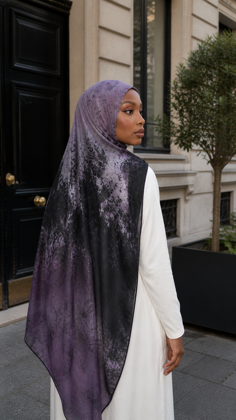 RY46 Dark Purple Black Nebula Watercolor Hijab Shawl – Galaxy Ombre Women's Head Scarf (80×180cm)