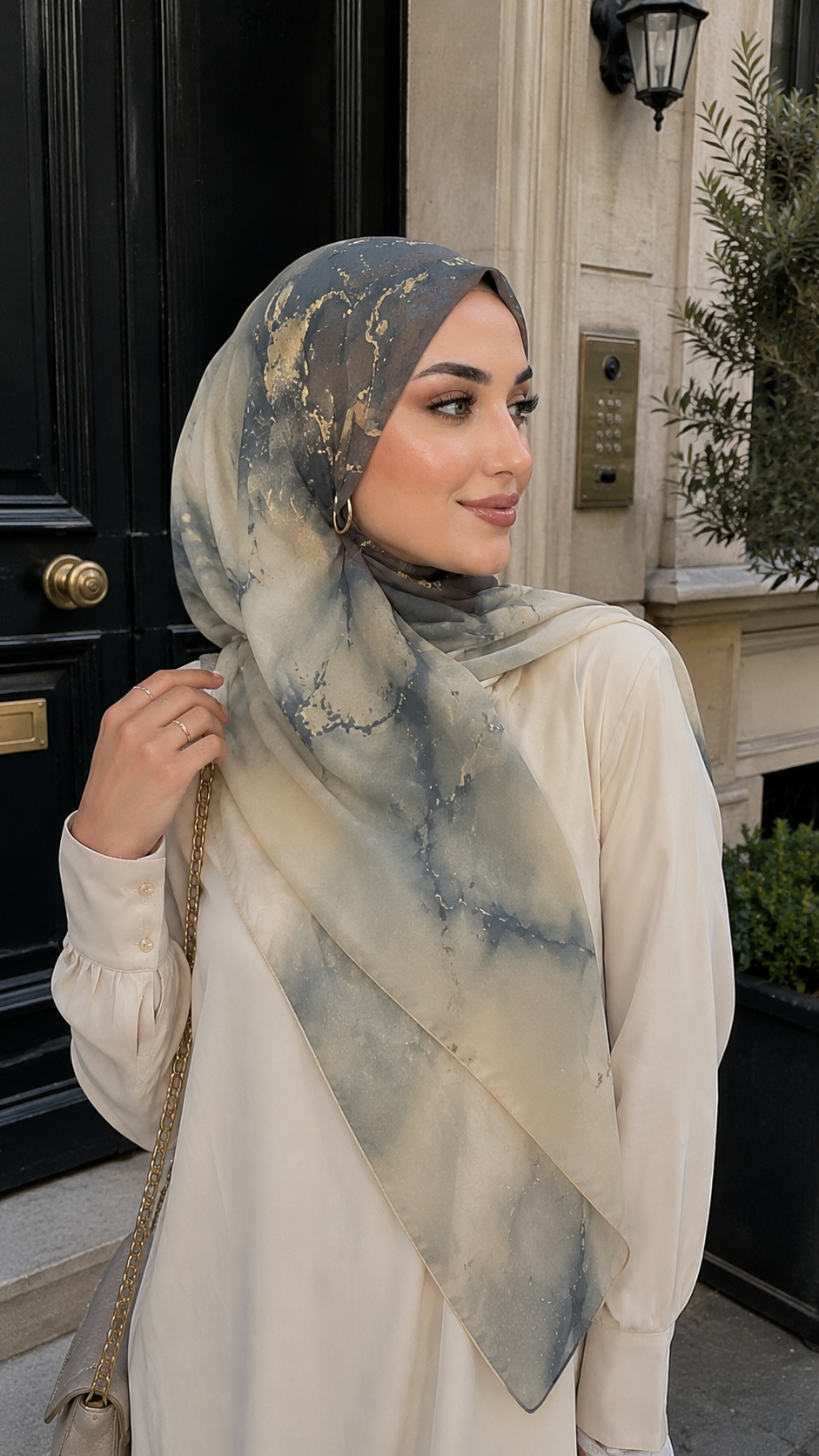 RY47 Grey Blue Gold Foil Marble Hijab Shawl – Luxury Watercolor Ombre Women's Head Scarf (80×180cm)