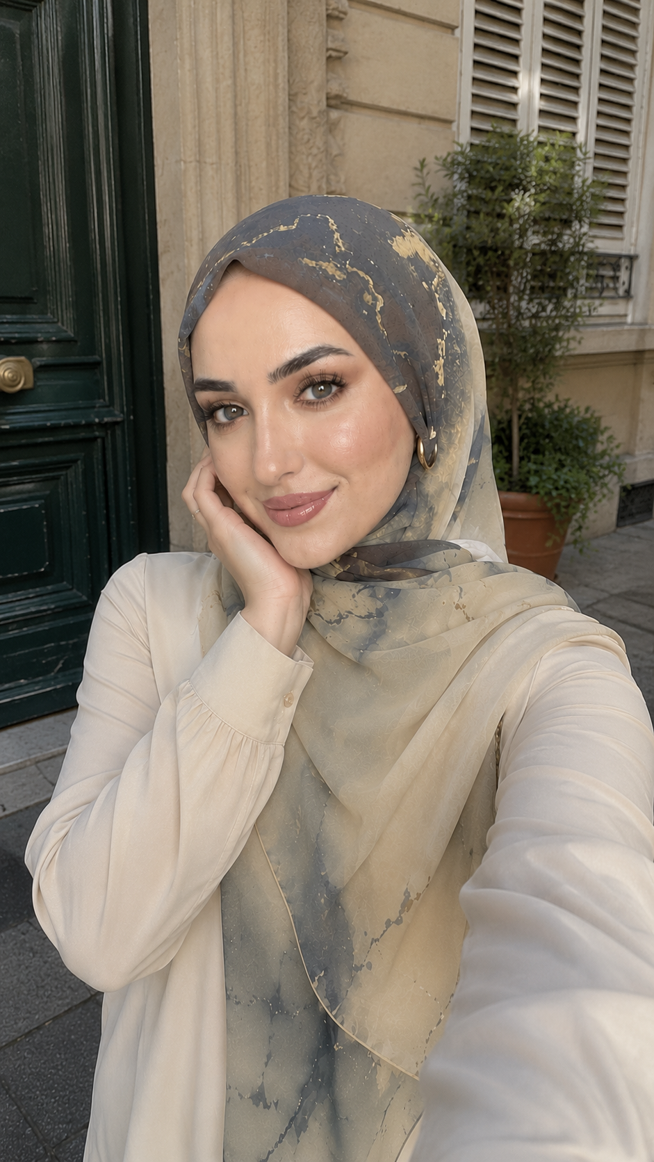 RY47 Grey Blue Gold Foil Marble Hijab Shawl – Luxury Watercolor Ombre Women's Head Scarf (80×180cm)