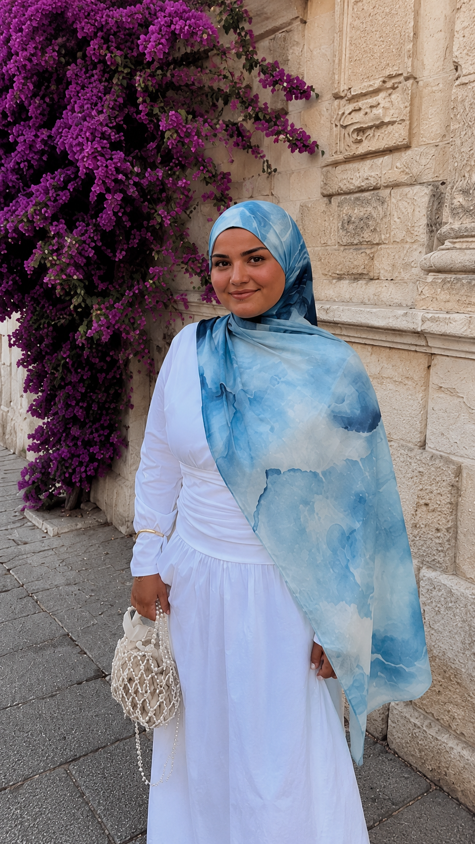 RY49 Ocean Blue White Cloud Wash Hijab Shawl – Coastal Watercolor Women's Head Scarf (80×180cm)