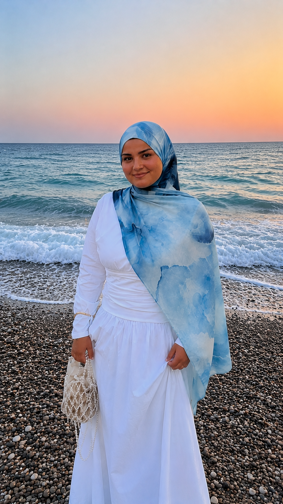 RY49 Ocean Blue White Cloud Wash Hijab Shawl – Coastal Watercolor Women's Head Scarf (80×180cm)