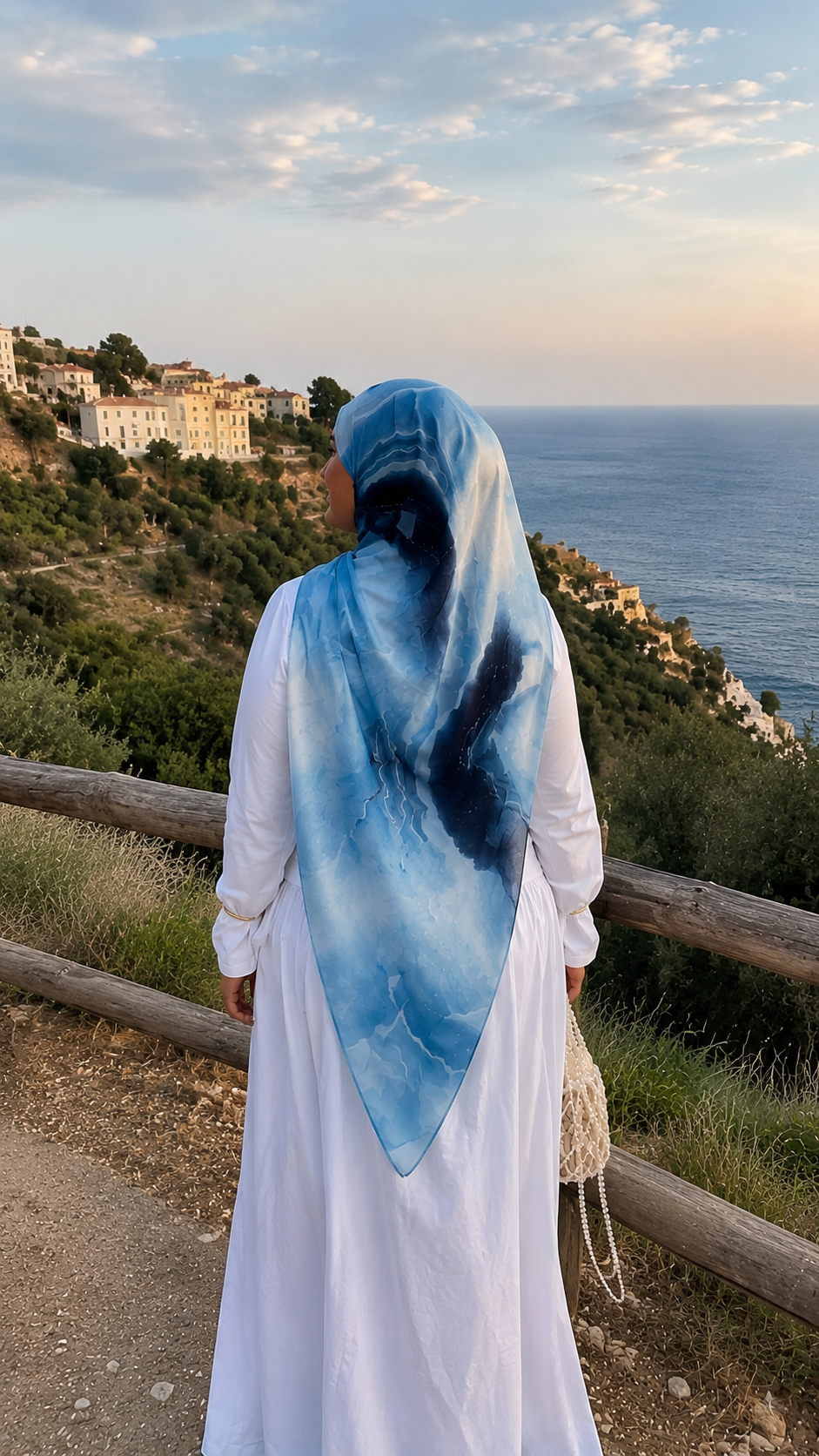 RY49 Ocean Blue White Cloud Wash Hijab Shawl – Coastal Watercolor Women's Head Scarf (80×180cm)