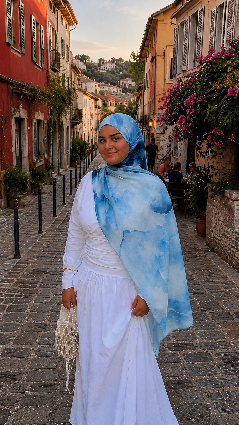 RY49 Ocean Blue White Cloud Wash Hijab Shawl – Coastal Watercolor Women's Head Scarf (80×180cm)