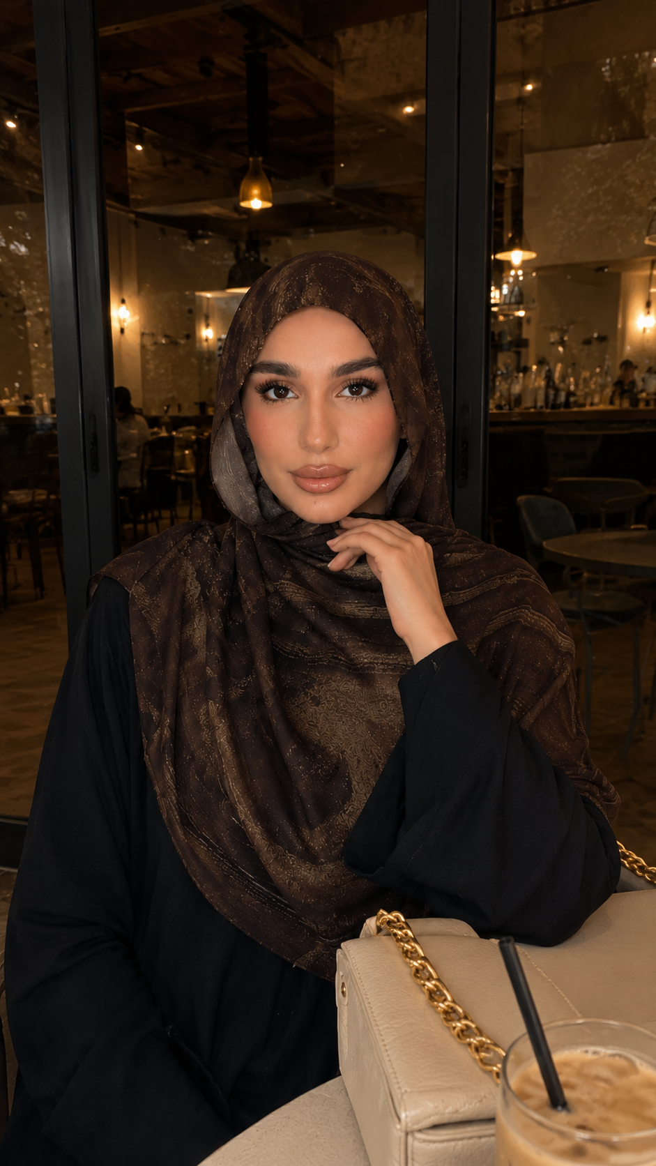 RY52 Dark Brown Gold Metallic Flow Hijab Shawl – Bronze Shimmer Watercolor Women's Head Scarf (80×180cm)