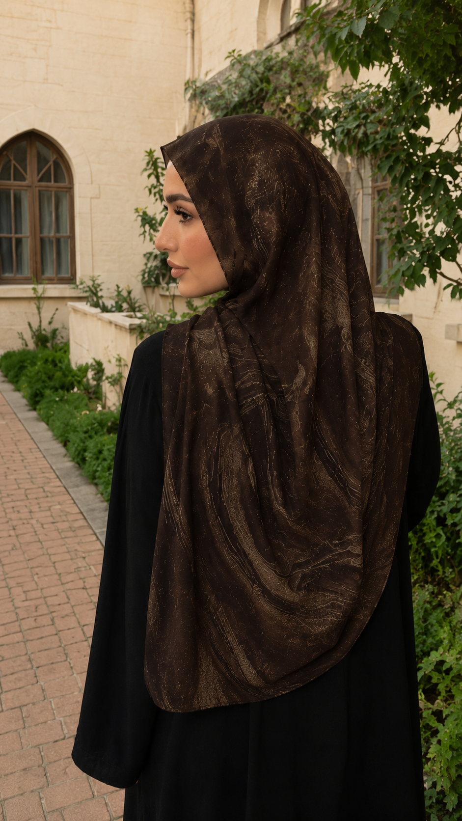 RY52 Dark Brown Gold Metallic Flow Hijab Shawl – Bronze Shimmer Watercolor Women's Head Scarf (80×180cm)