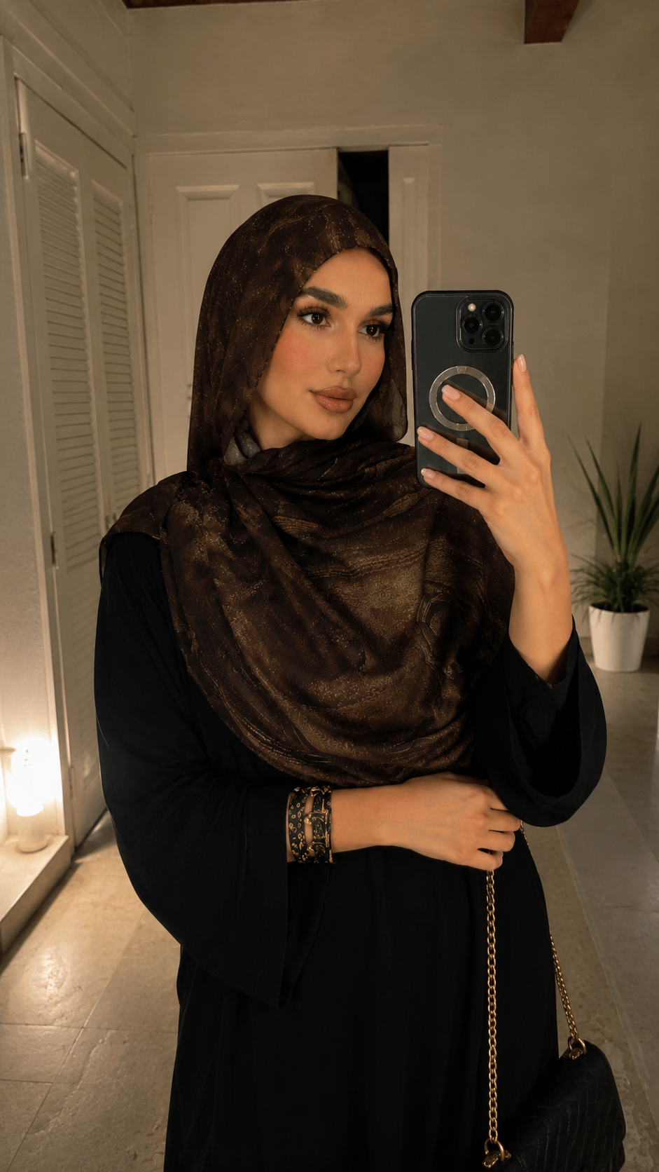 RY52 Dark Brown Gold Metallic Flow Hijab Shawl – Bronze Shimmer Watercolor Women's Head Scarf (80×180cm)