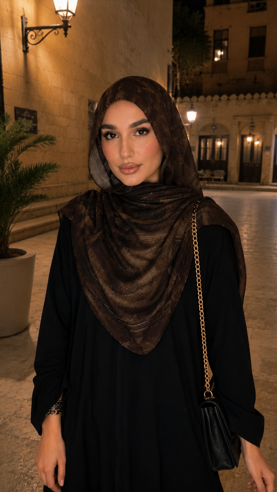 RY52 Dark Brown Gold Metallic Flow Hijab Shawl – Bronze Shimmer Watercolor Women's Head Scarf (80×180cm)