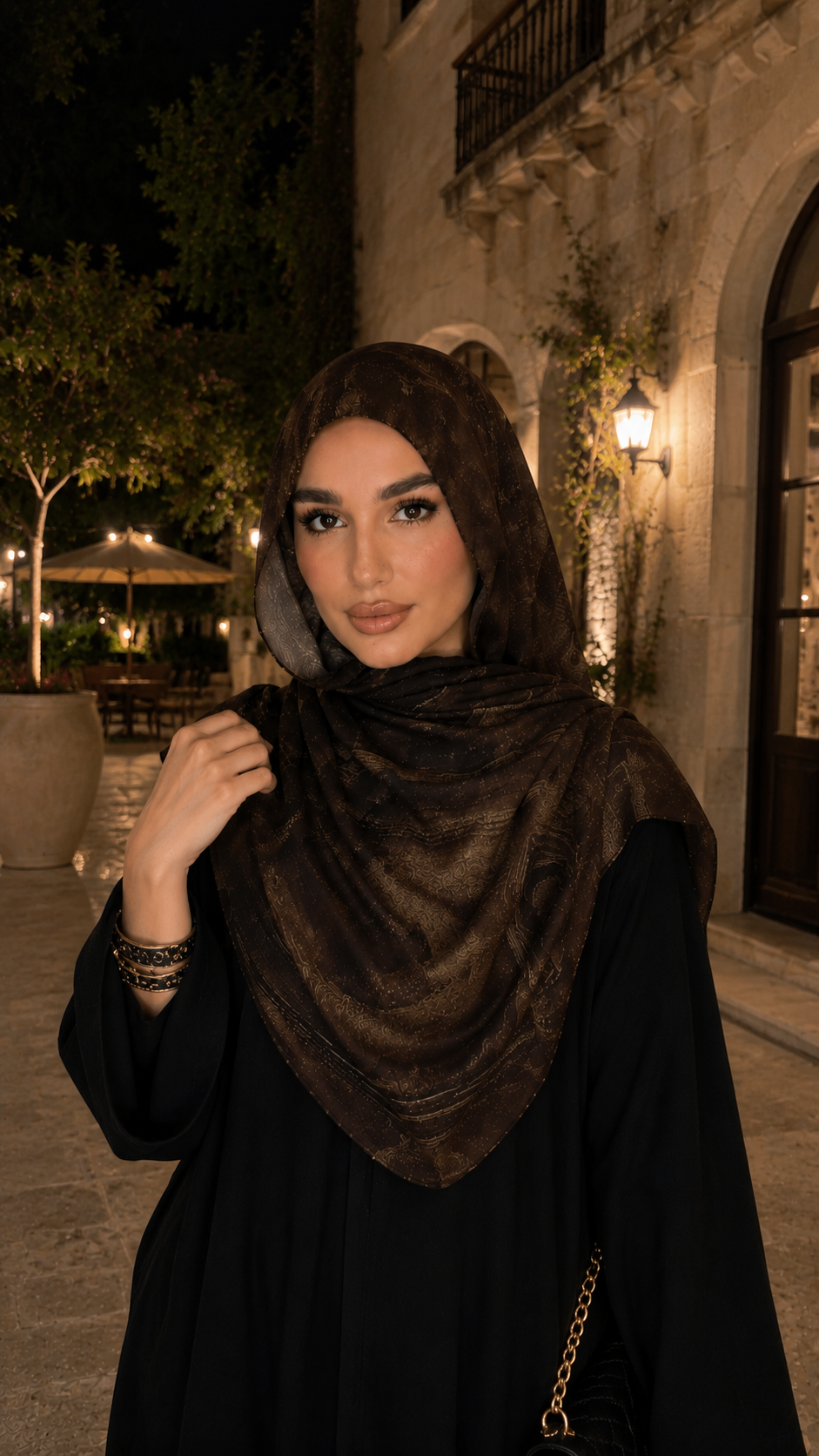 RY52 Dark Brown Gold Metallic Flow Hijab Shawl – Bronze Shimmer Watercolor Women's Head Scarf (80×180cm)