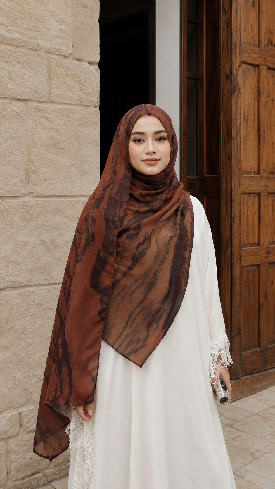 RY53 Brick Red Brown Ink Marble Flow Hijab Shawl – Terracotta Watercolor Women's Head Scarf (80×180cm)