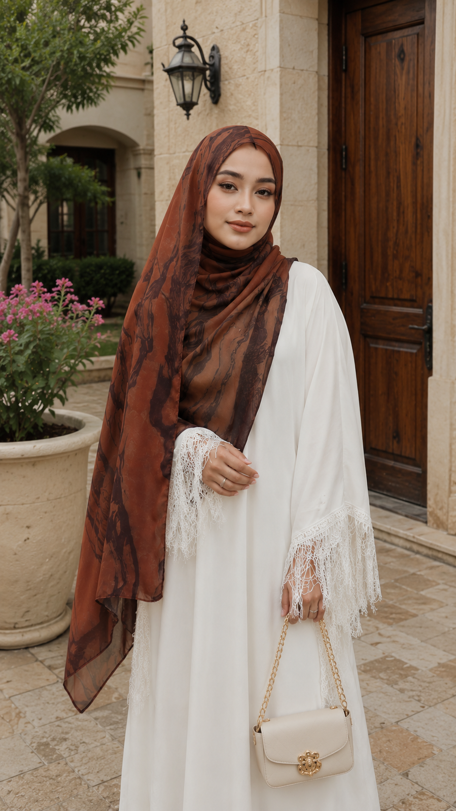 RY53 Brick Red Brown Ink Marble Flow Hijab Shawl – Terracotta Watercolor Women's Head Scarf (80×180cm)