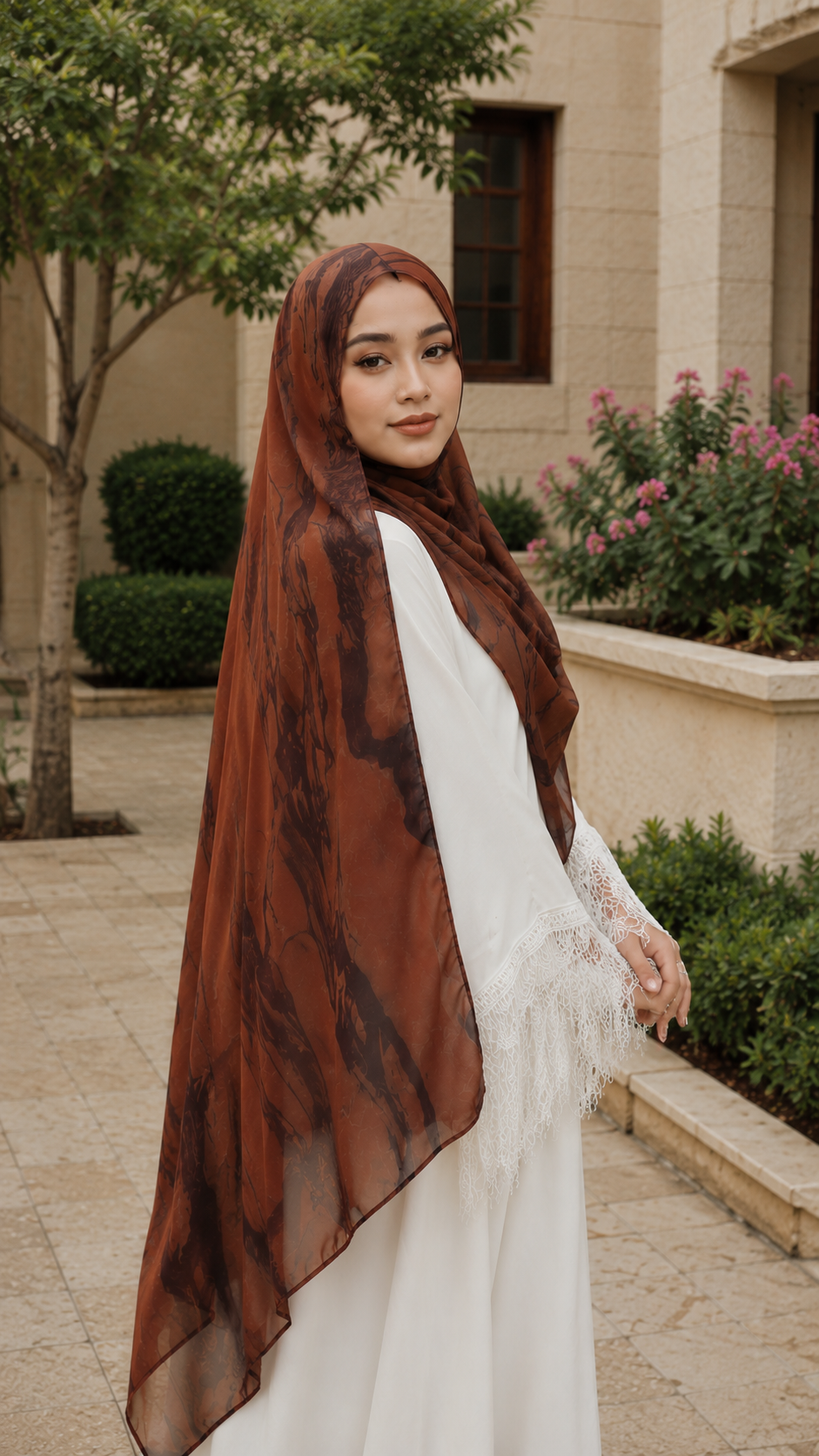 RY53 Brick Red Brown Ink Marble Flow Hijab Shawl – Terracotta Watercolor Women's Head Scarf (80×180cm)