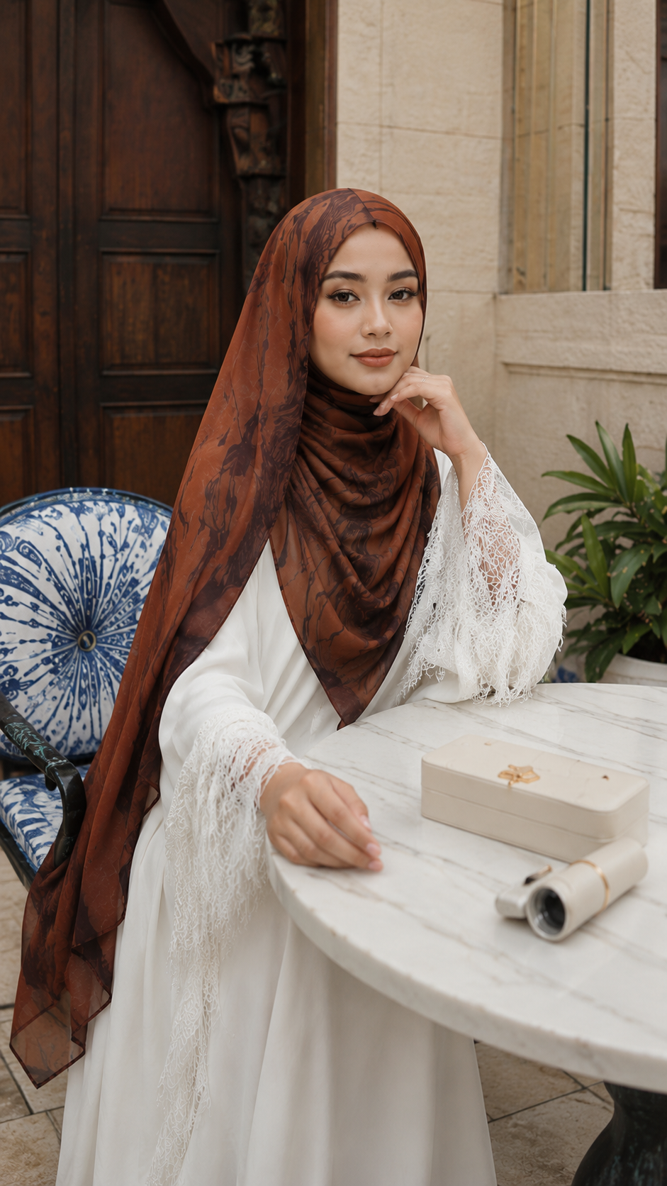 RY53 Brick Red Brown Ink Marble Flow Hijab Shawl – Terracotta Watercolor Women's Head Scarf (80×180cm)