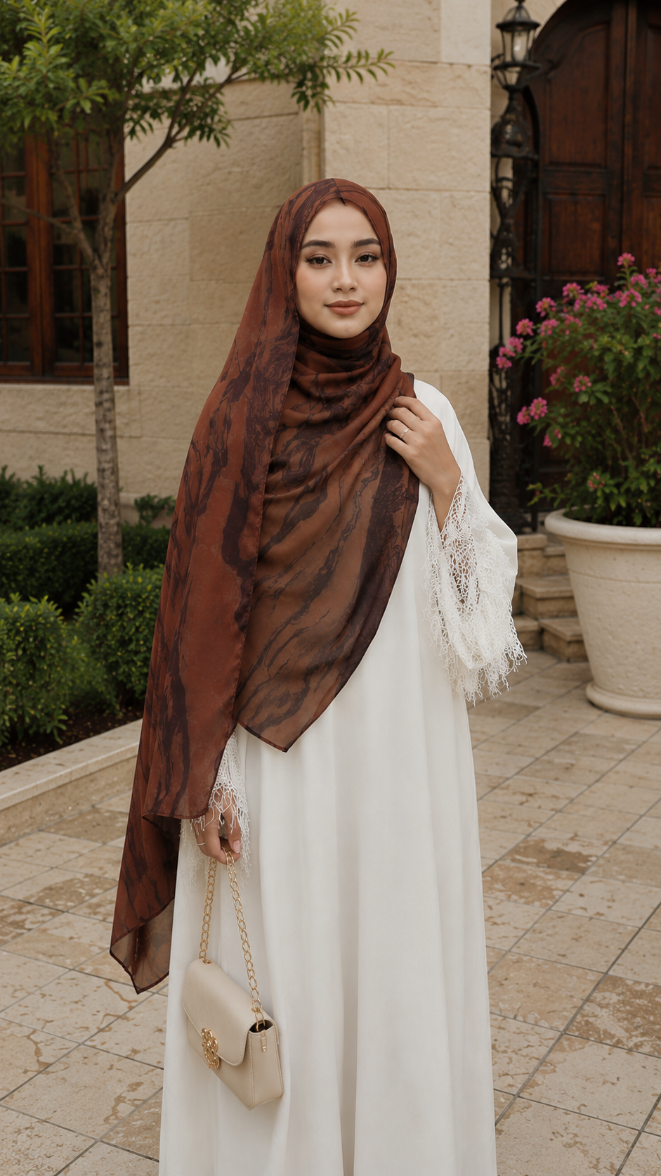 RY53 Brick Red Brown Ink Marble Flow Hijab Shawl – Terracotta Watercolor Women's Head Scarf (80×180cm)