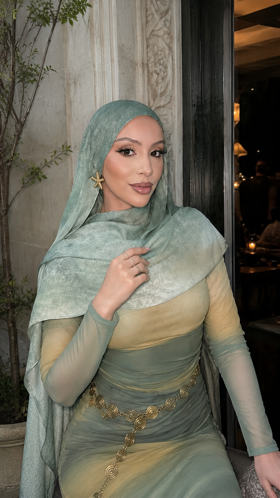 RY55 Mint Green to Gold Camel Ombre Hijab Shawl – Watercolor Gradient Women's Head Scarf (80×180cm)
