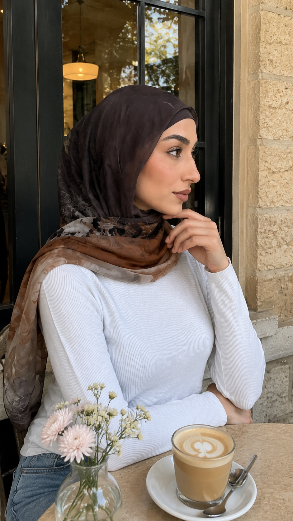 RY58 Charcoal Grey to Camel Brown Ombre Hijab Shawl – Ink Floral Watercolor Women's Head Scarf (80×180cm)