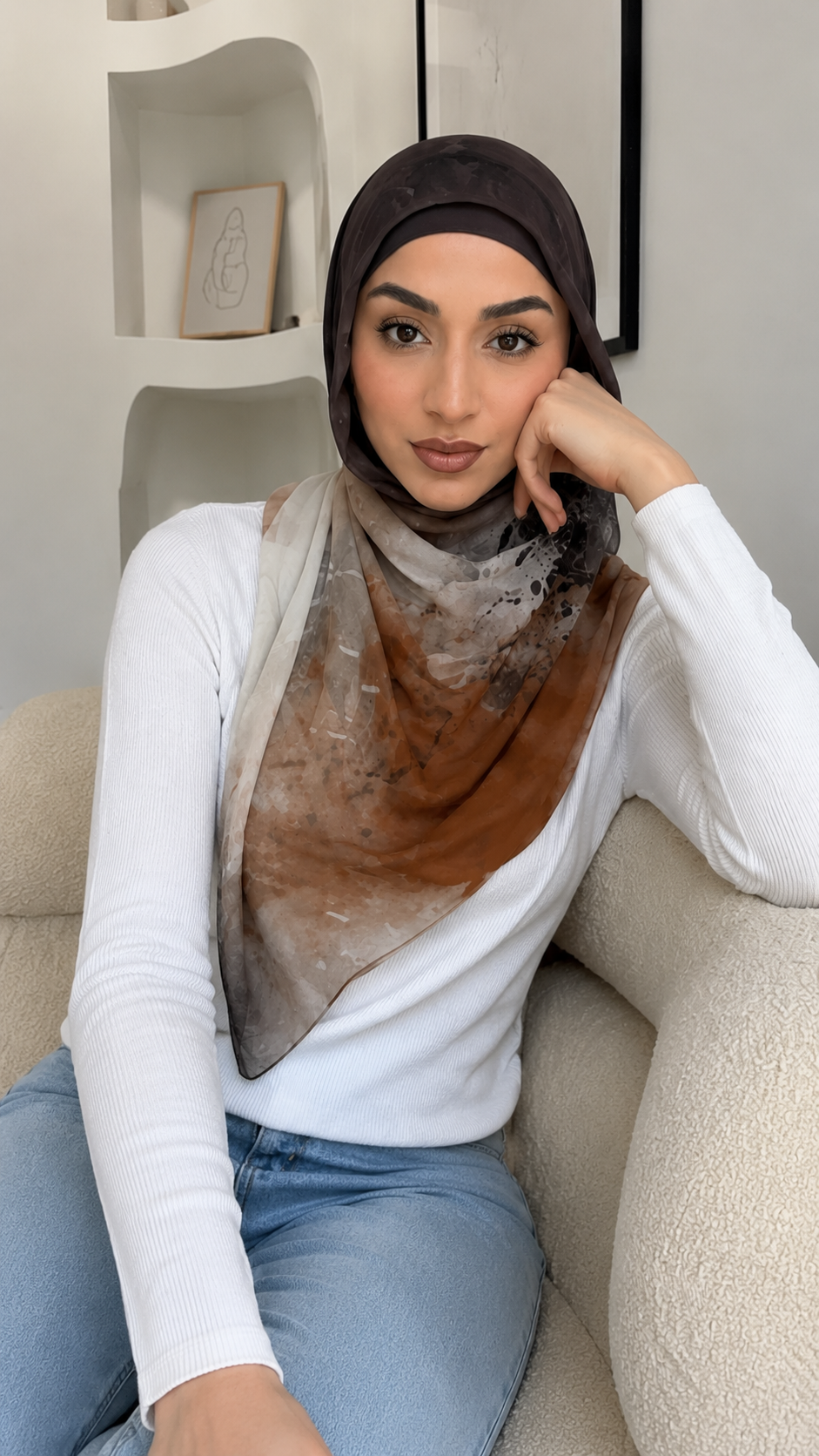 RY58 Charcoal Grey to Camel Brown Ombre Hijab Shawl – Ink Floral Watercolor Women's Head Scarf (80×180cm)