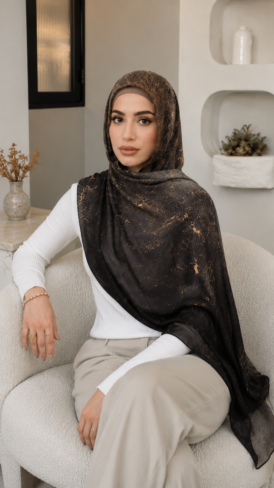 RY59 Olive Brown Gold Jacquard Floral Hijab Shawl – Metallic Shimmer Women's Head Scarf (80×180cm)