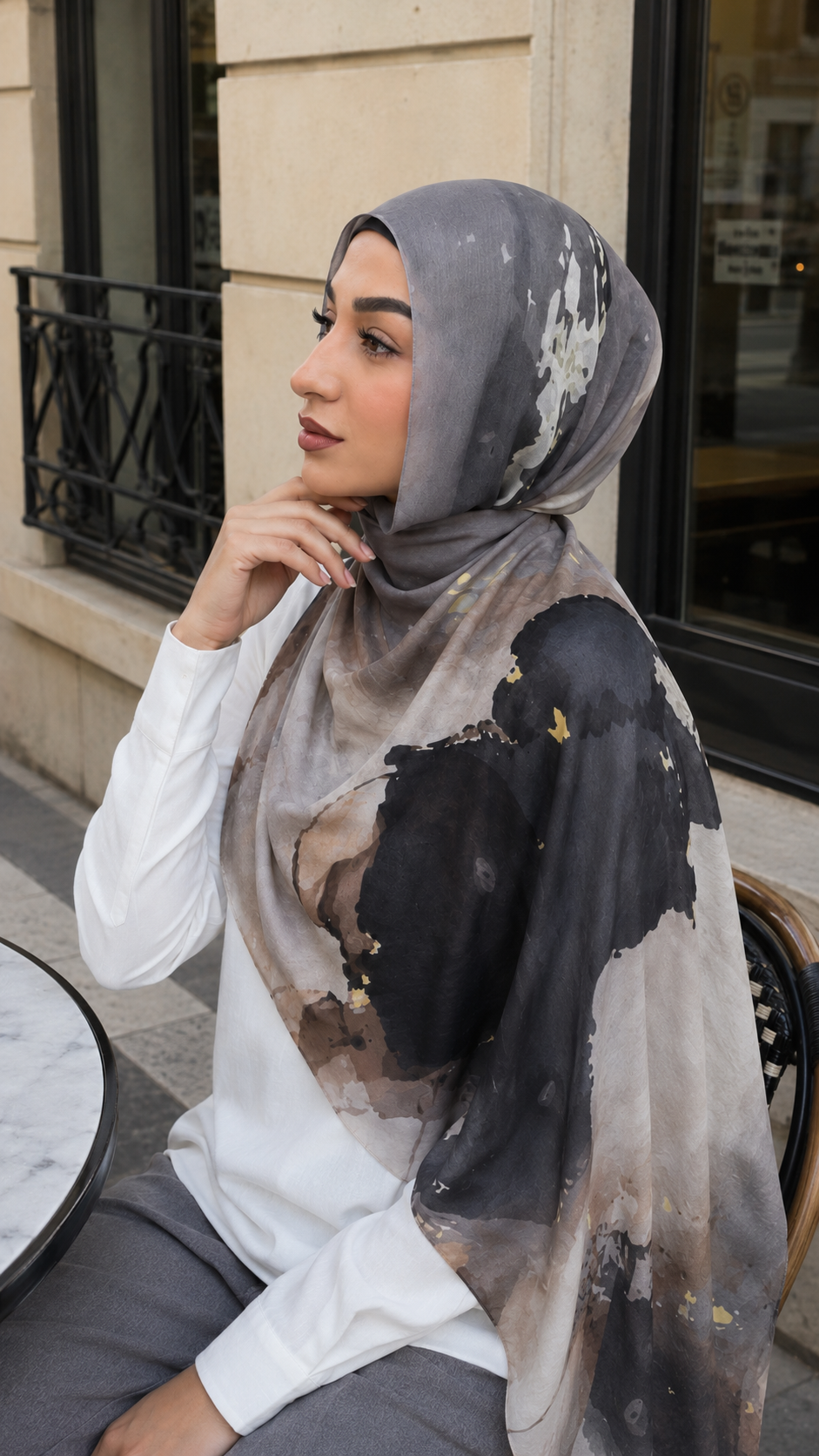 RY61 Grey Camel Black Ink Splash Ombre Hijab Shawl – Abstract Watercolor Women's Head Scarf (80×180cm)