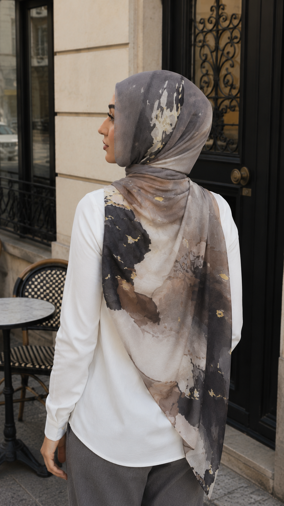 RY61 Grey Camel Black Ink Splash Ombre Hijab Shawl – Abstract Watercolor Women's Head Scarf (80×180cm)