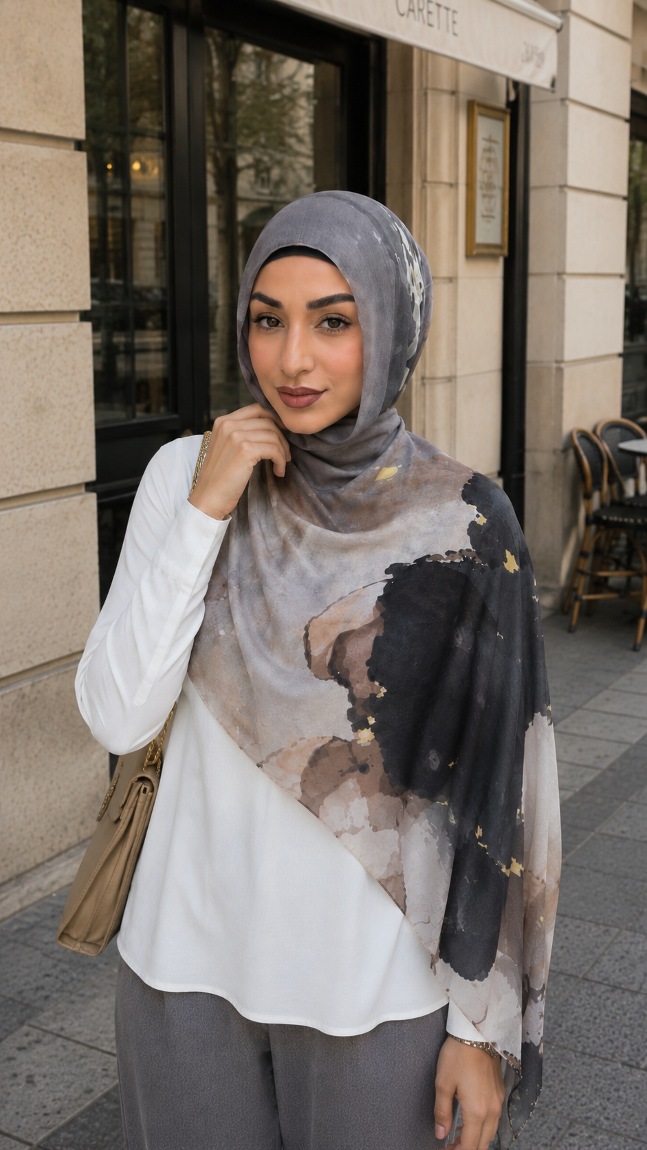 RY61 Grey Camel Black Ink Splash Ombre Hijab Shawl – Abstract Watercolor Women's Head Scarf (80×180cm)
