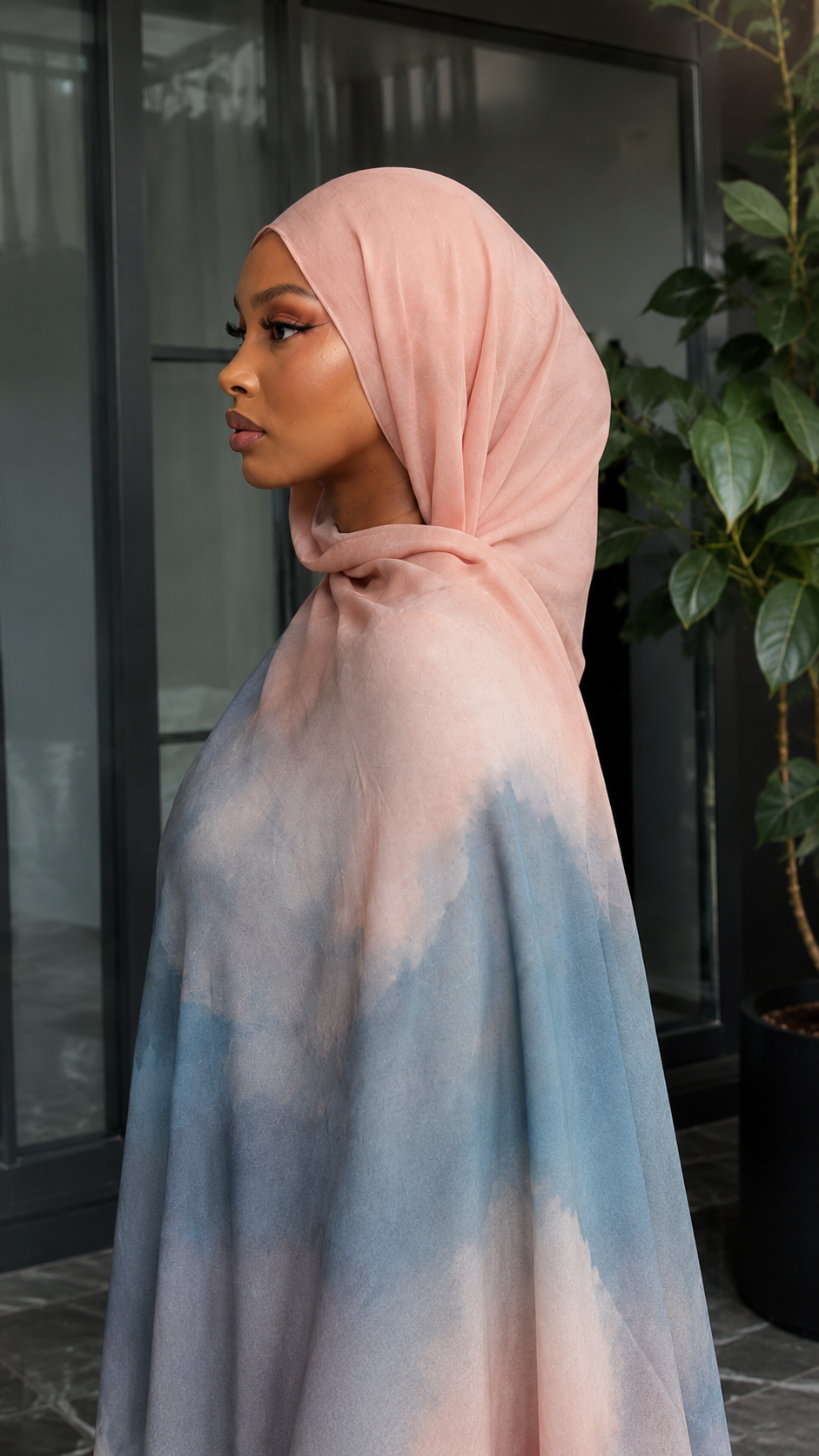RY63 Rose Pink to Slate Blue Ombre Hijab Shawl – Watercolor Gradient Women's Head Scarf (80×180cm)