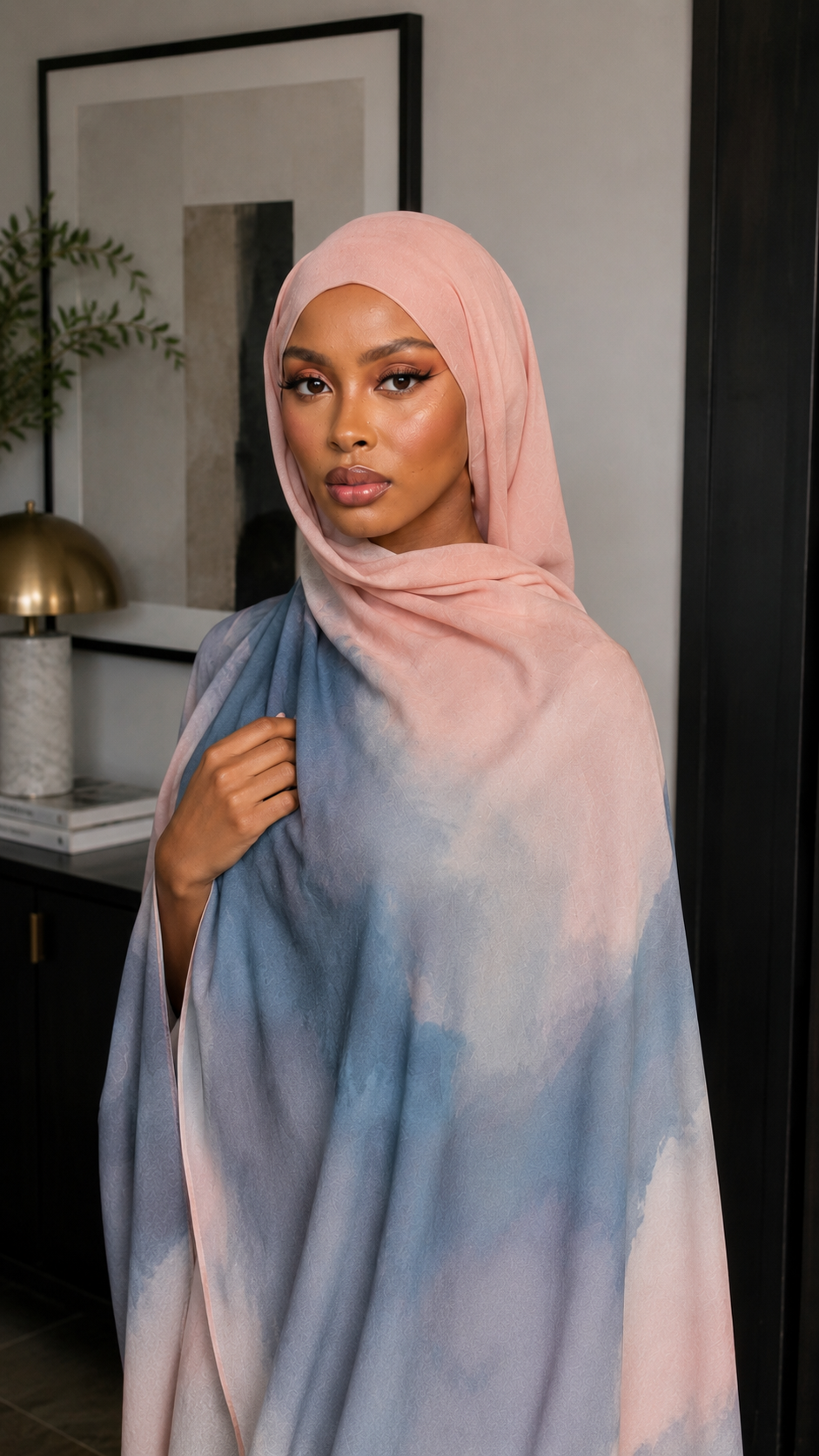 RY63 Rose Pink to Slate Blue Ombre Hijab Shawl – Watercolor Gradient Women's Head Scarf (80×180cm)