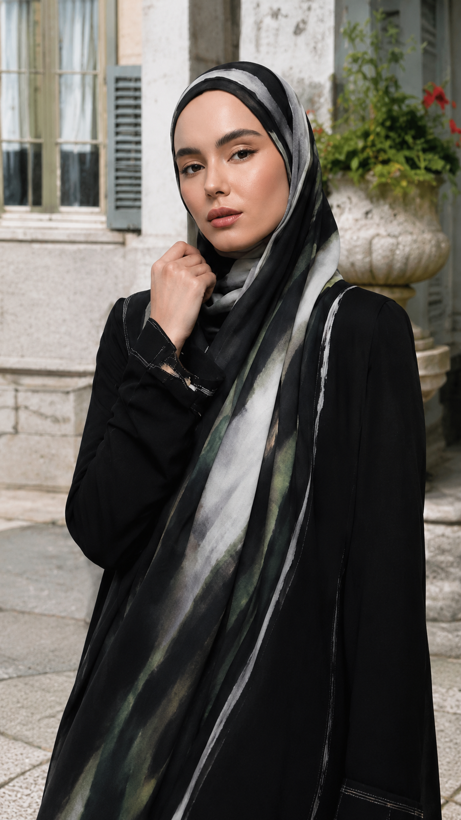 RY66 Black Olive Green Grey Brushstroke Hijab Shawl – Abstract Oil Paint Women's Head Scarf (80×180cm)