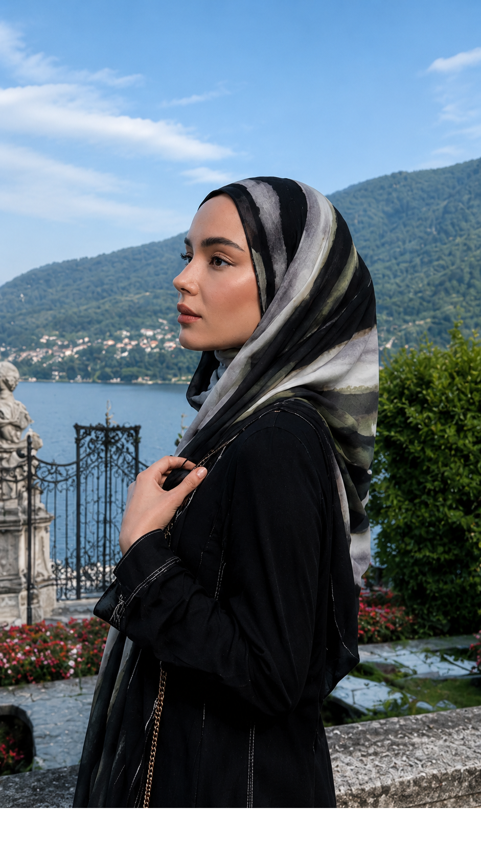 RY66 Black Olive Green Grey Brushstroke Hijab Shawl – Abstract Oil Paint Women's Head Scarf (80×180cm)