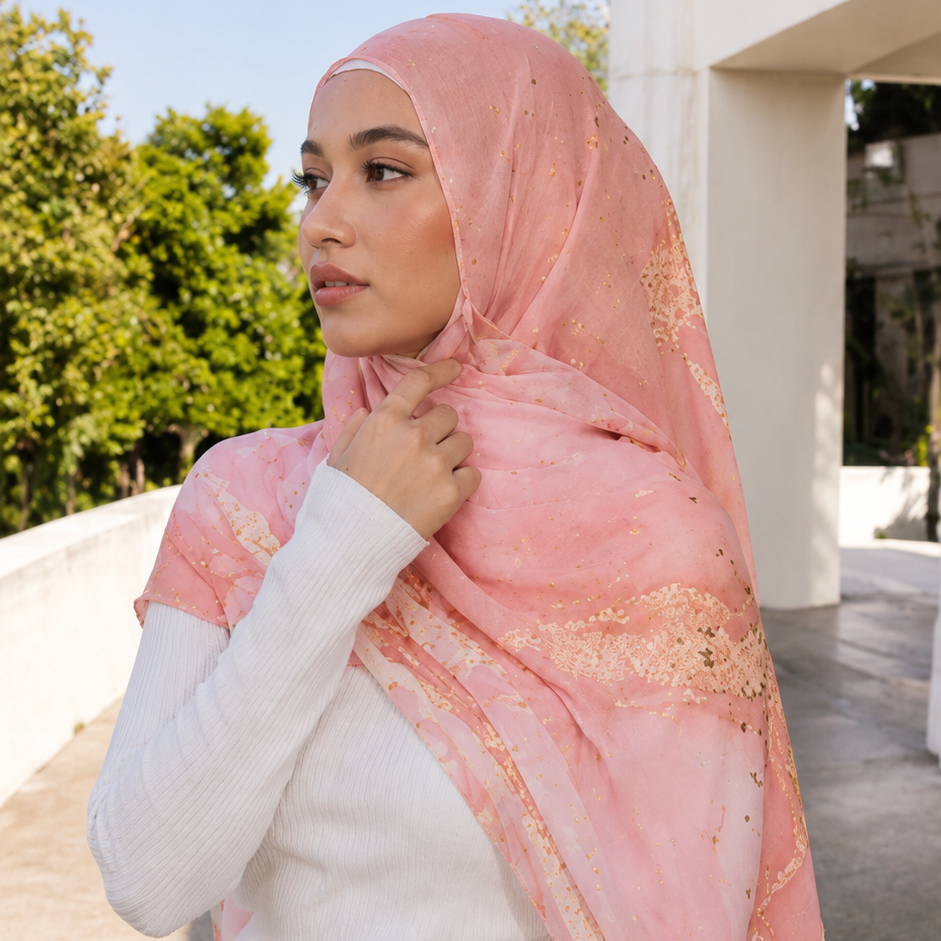 RY67 Blush Pink Rose Gold Foil Marble Hijab Shawl – Stardust Watercolor Women's Head Scarf (80×180cm)