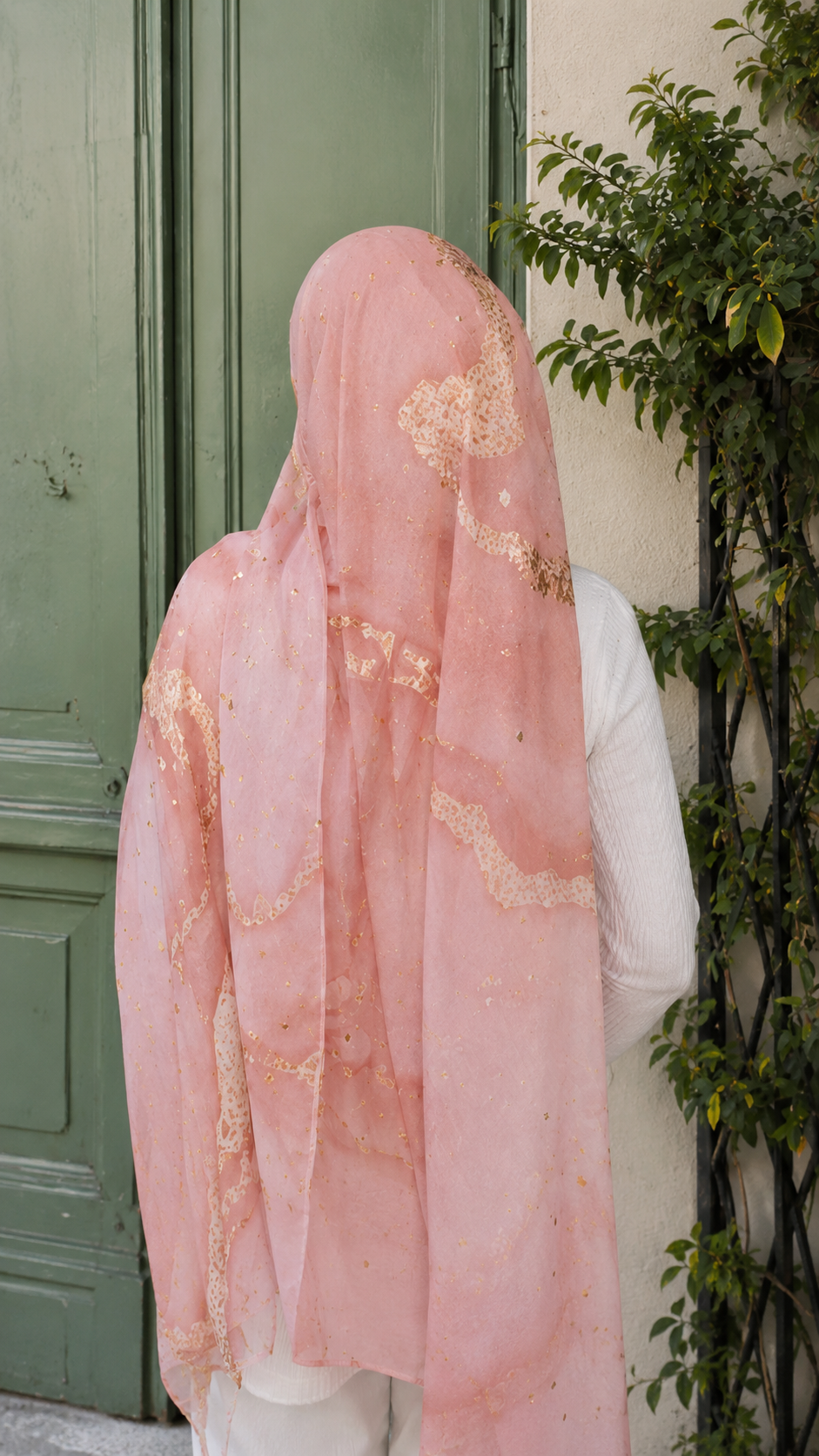 RY67 Blush Pink Rose Gold Foil Marble Hijab Shawl – Stardust Watercolor Women's Head Scarf (80×180cm)