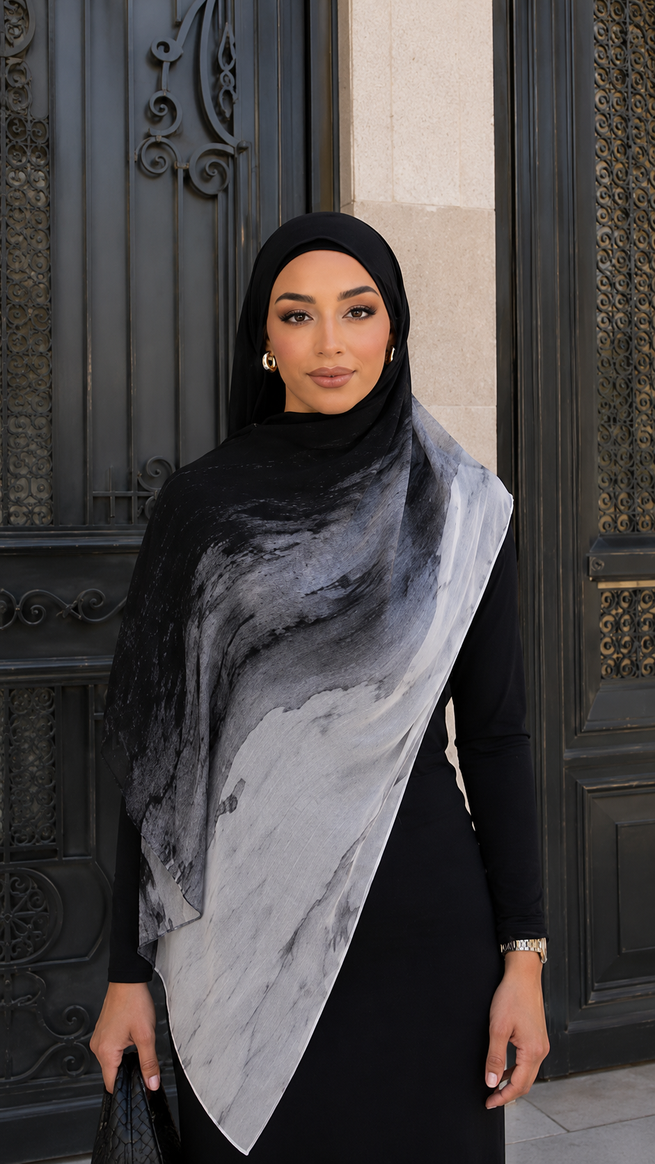 RY69 Black to White Marble Ink Flow Hijab Shawl – Storm Watercolor Women's Head Scarf (80×180cm)