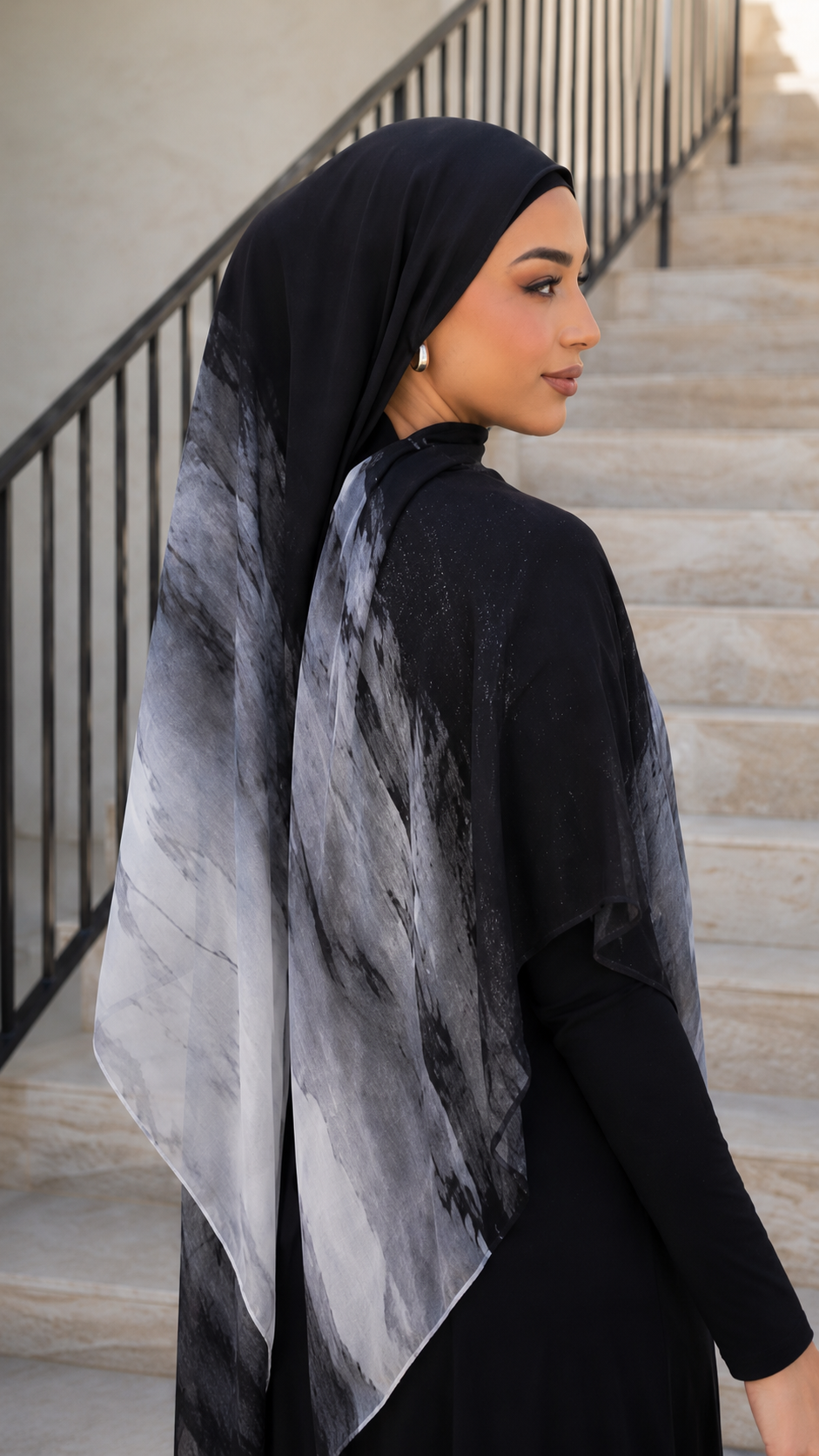 RY69 Black to White Marble Ink Flow Hijab Shawl – Storm Watercolor Women's Head Scarf (80×180cm)