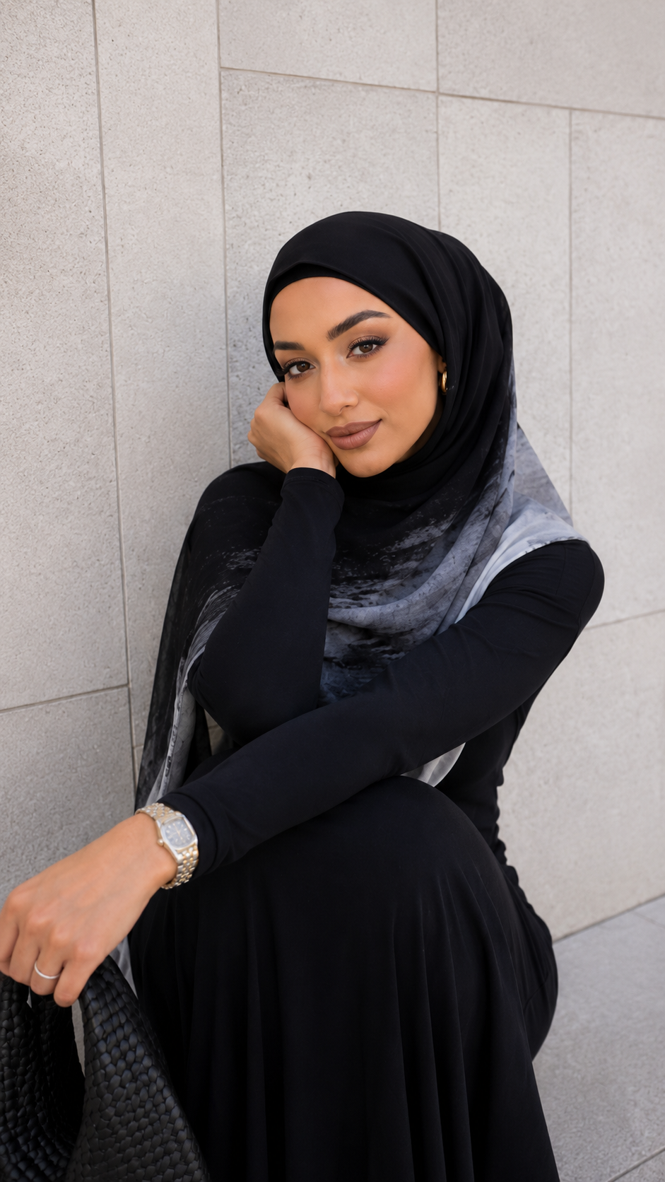 RY69 Black to White Marble Ink Flow Hijab Shawl – Storm Watercolor Women's Head Scarf (80×180cm)