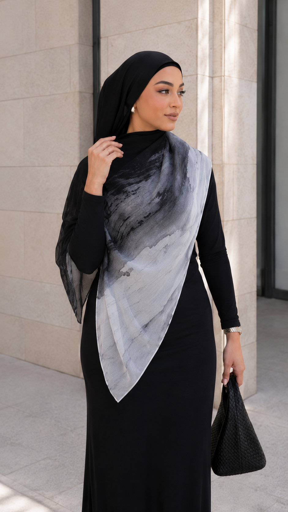 RY69 Black to White Marble Ink Flow Hijab Shawl – Storm Watercolor Women's Head Scarf (80×180cm)