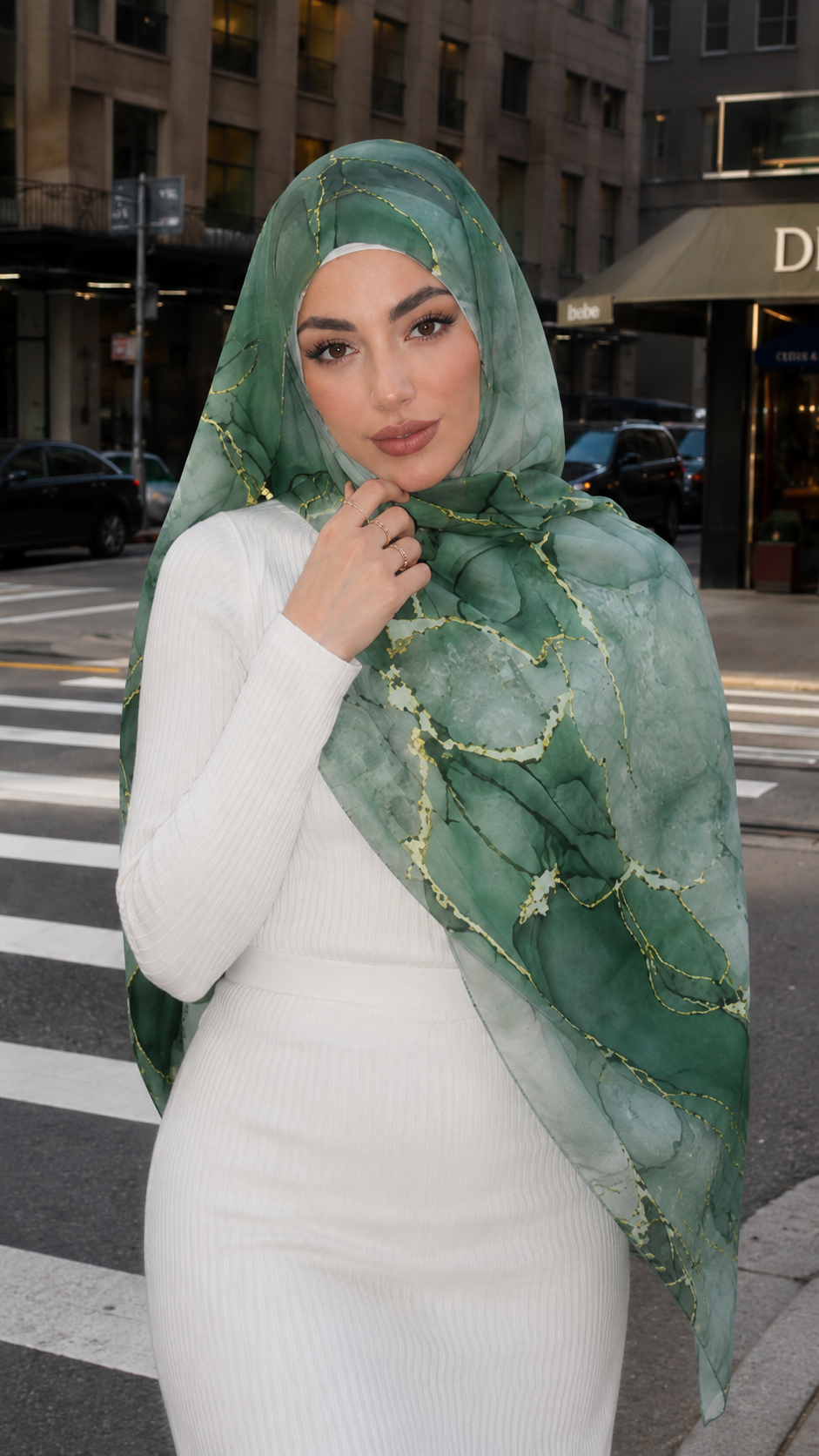 RY70 Moss Green Gold Leaf Vein Tropical Hijab Shawl – Botanical Watercolor Women's Head Scarf (80×180cm)