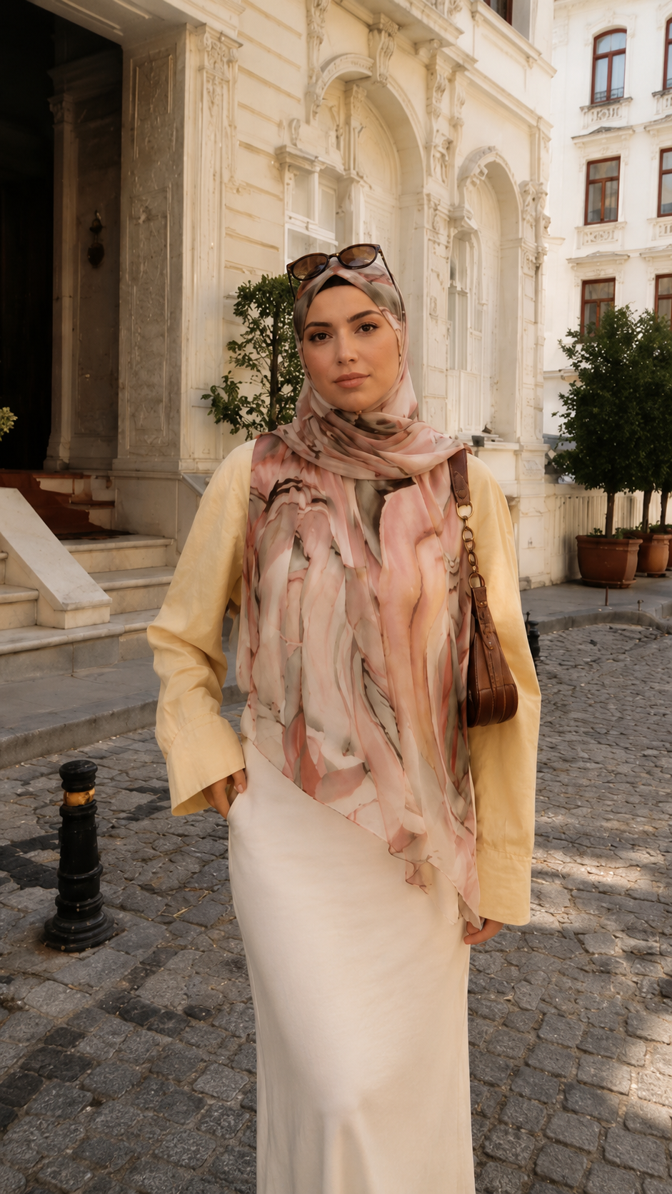 RY72 Camel Brown Black Swirl Marble Hijab Shawl – Agate Watercolor Women's Head Scarf (80×180cm)