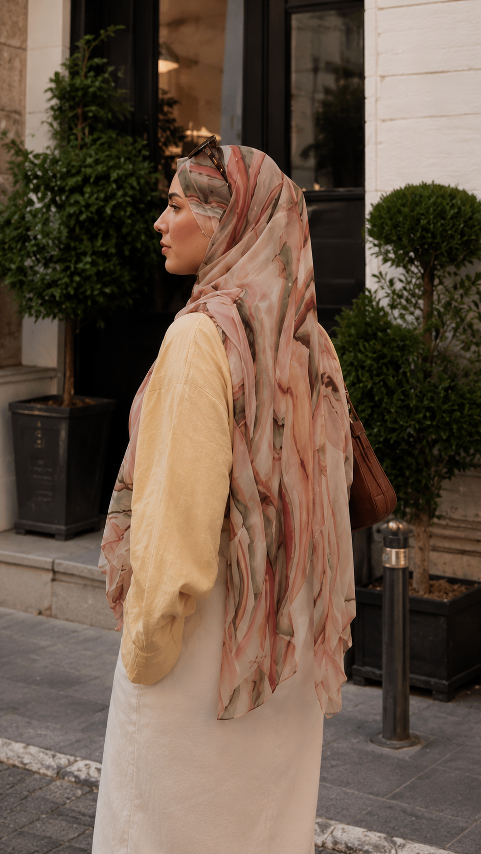 RY72 Camel Brown Black Swirl Marble Hijab Shawl – Agate Watercolor Women's Head Scarf (80×180cm)