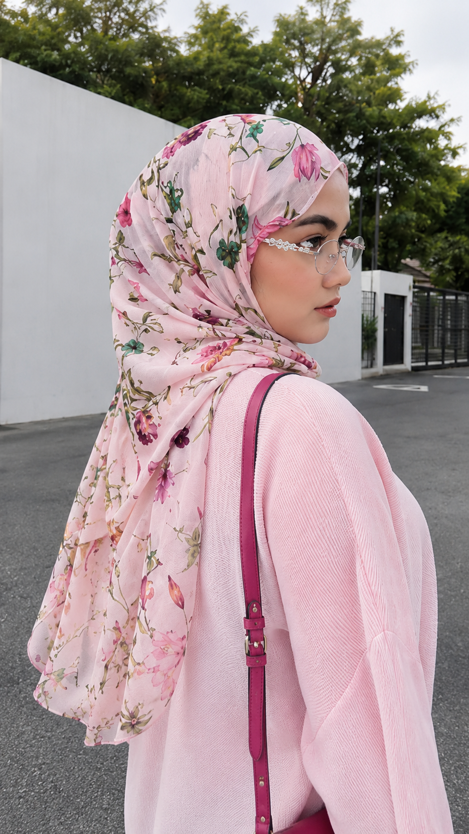 RY82 Blush Pink Rose Floral Vine Hijab Shawl – Botanical Garden Women's Head Scarf (80×180cm)
