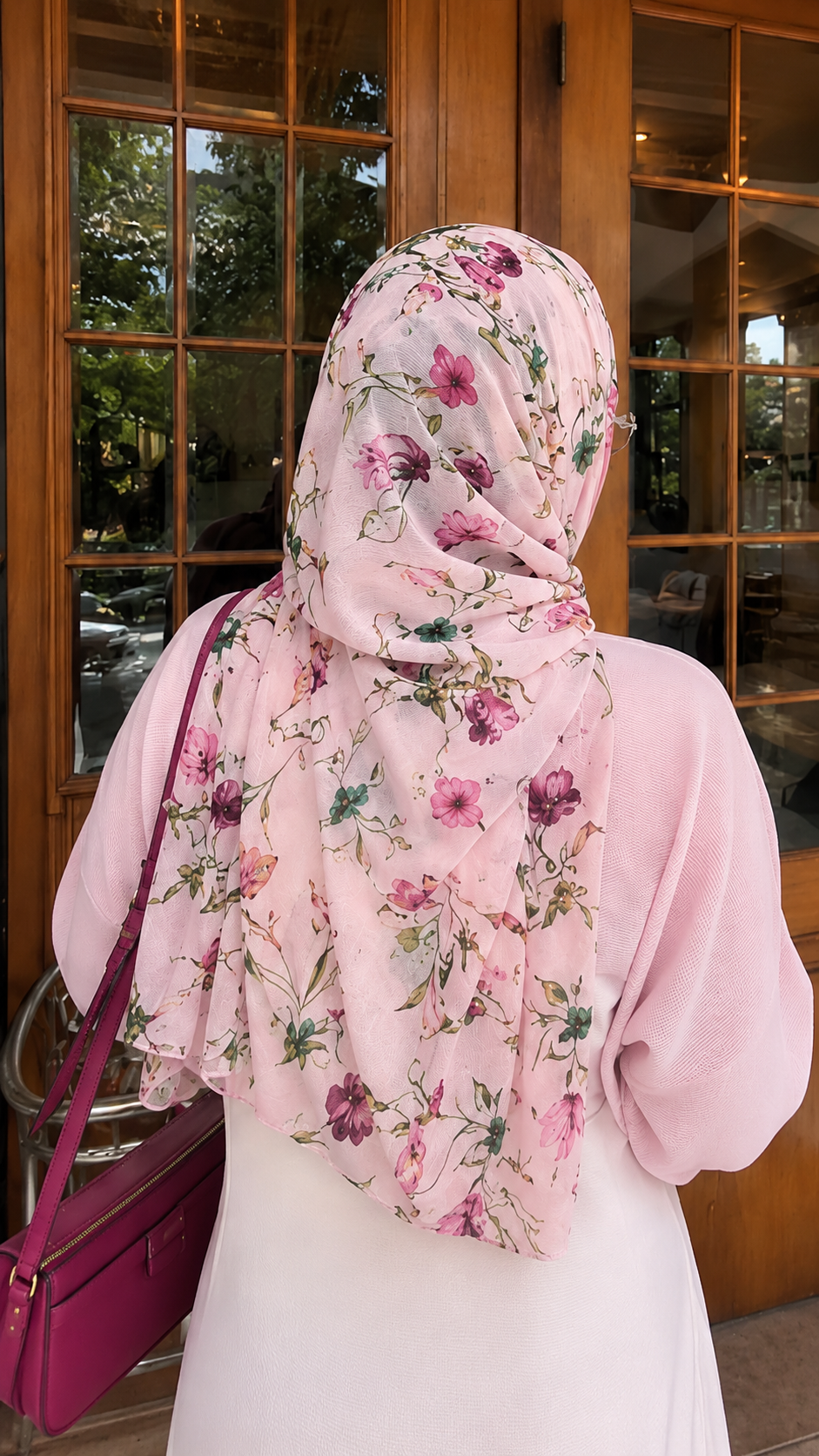 RY82 Blush Pink Rose Floral Vine Hijab Shawl – Botanical Garden Women's Head Scarf (80×180cm)